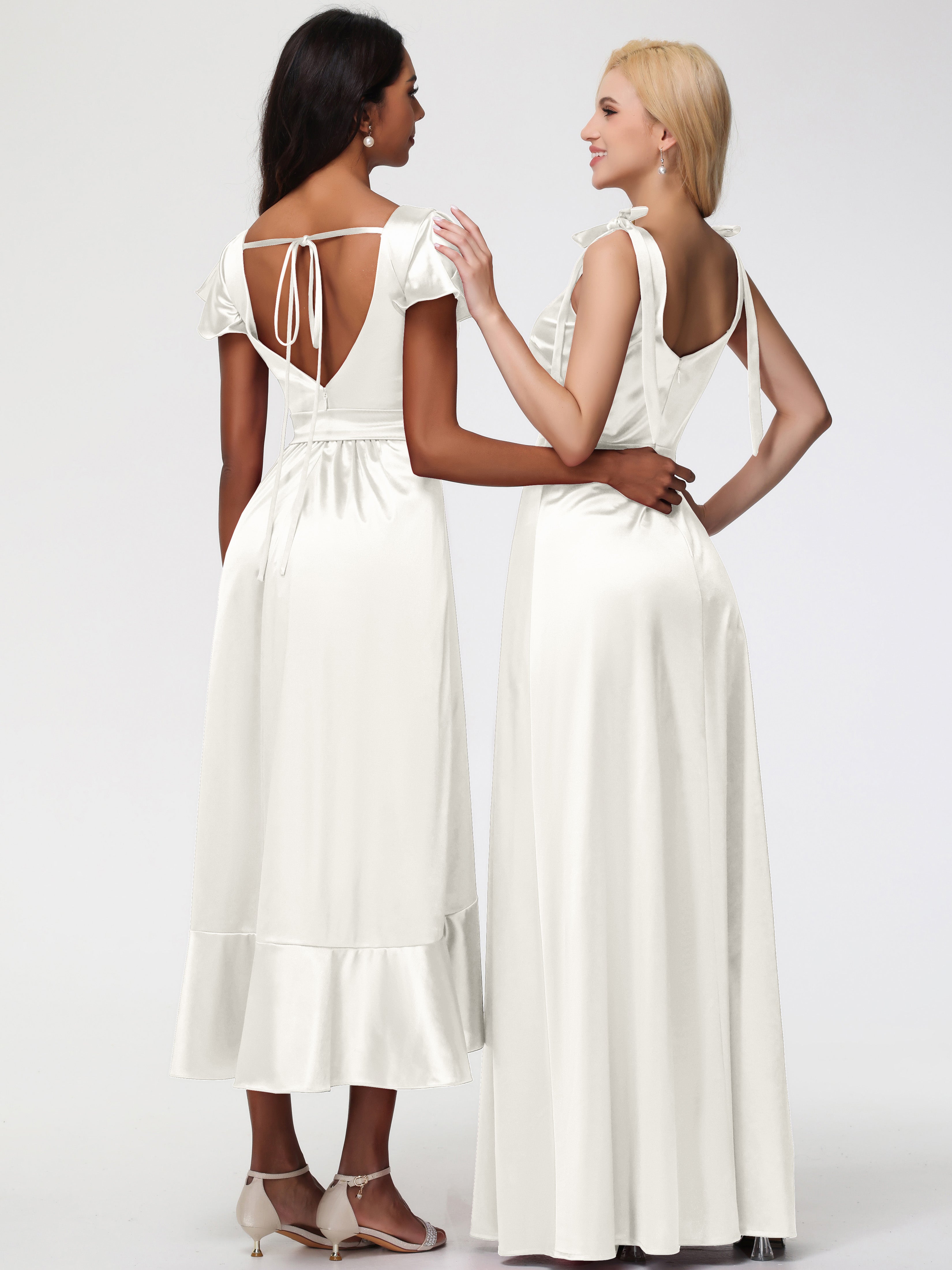 Robe De Demoiselle D Honneur Ivoire Col Carré Trapèze Satin Extensible Fendue Robe De Demoiselle D'Honneur