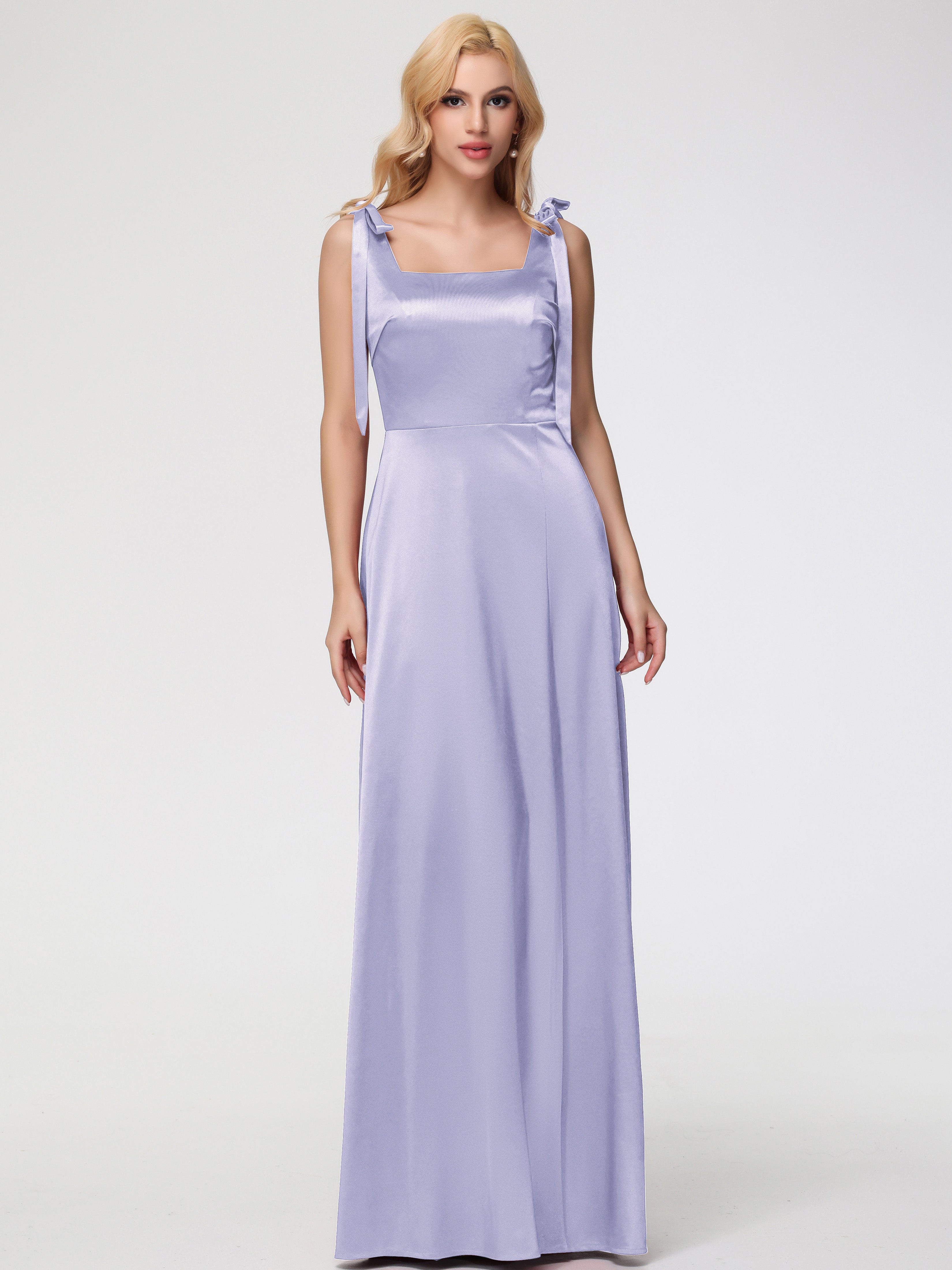 Robes De Demoiselle D'Honneur Lavande Col Carré Trapèze Satin Extensible Fendue Robe De Demoiselle D'Honneur