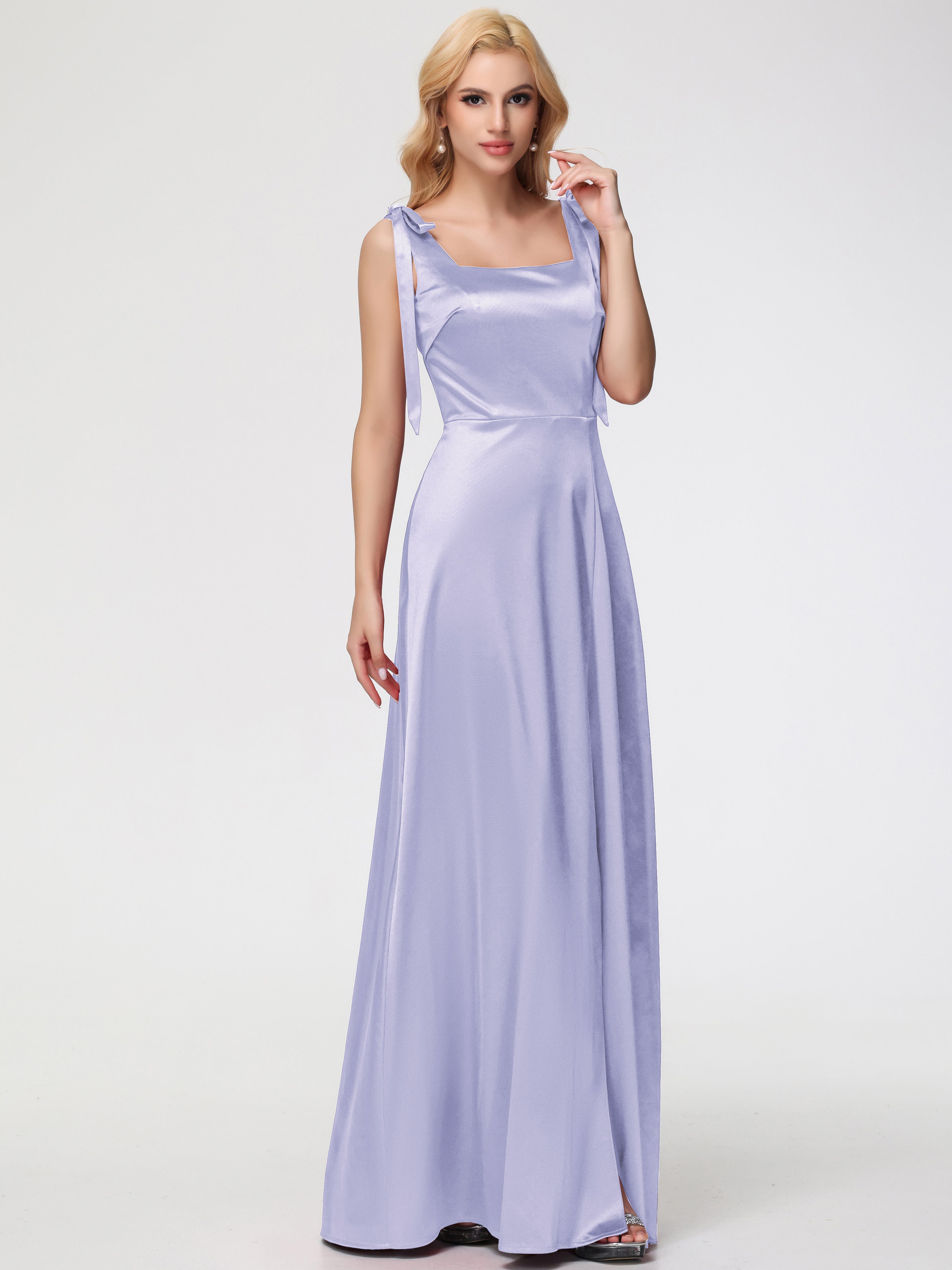 Robes De Demoiselle D'Honneur Lavande Col Carré Trapèze Satin Extensible Fendue Robe De Demoiselle D'Honneur