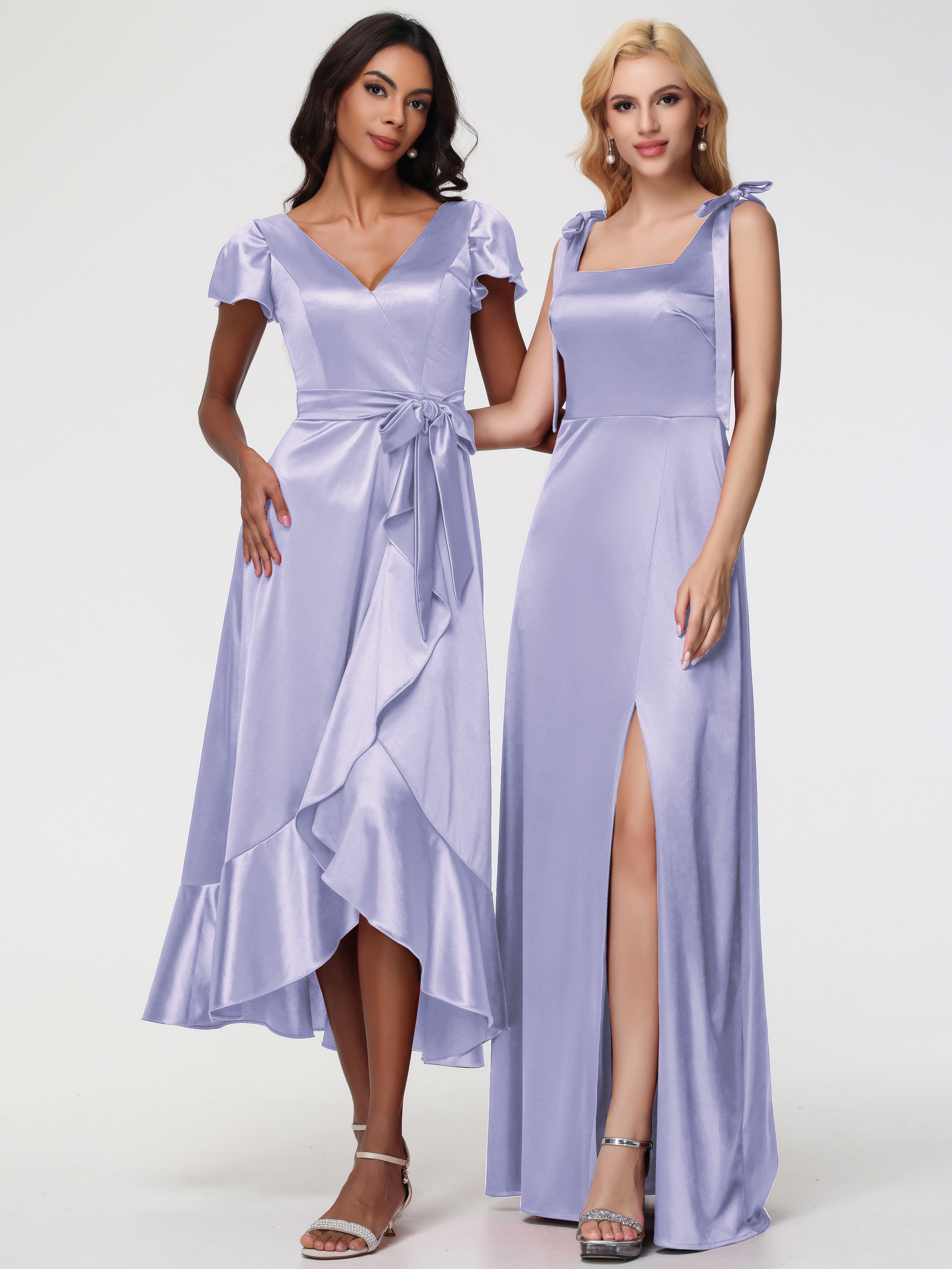 Robes De Demoiselle D'Honneur Lavande Col Carré Trapèze Satin Extensible Fendue Robe De Demoiselle D'Honneur