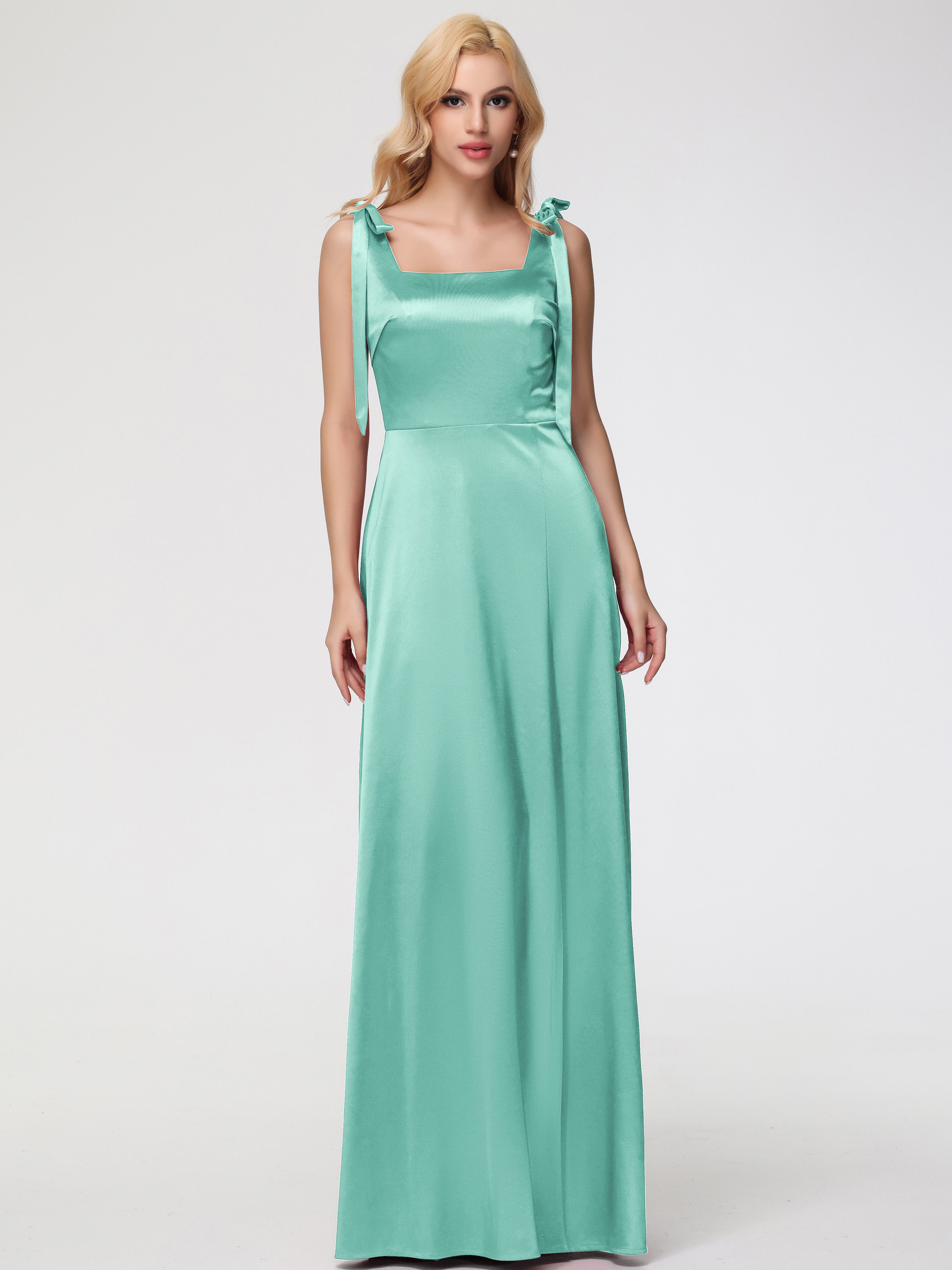 Robe Demoiselle D Honneur Vert Menthe Col Carré Trapèze Satin Extensible Fendue Robe De Demoiselle D'Honneur