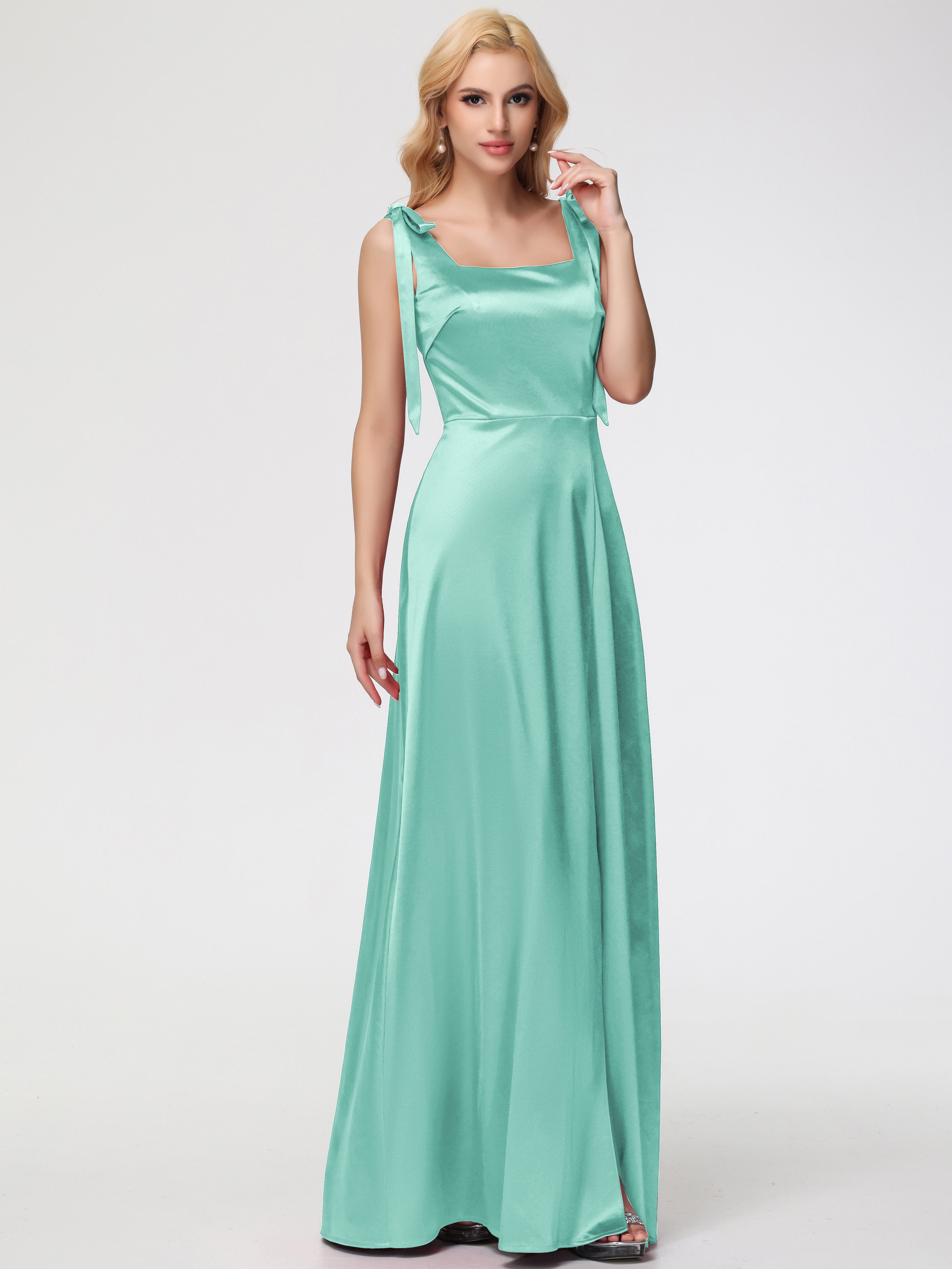 Robe Demoiselle D Honneur Vert Menthe Col Carré Trapèze Satin Extensible Fendue Robe De Demoiselle D'Honneur