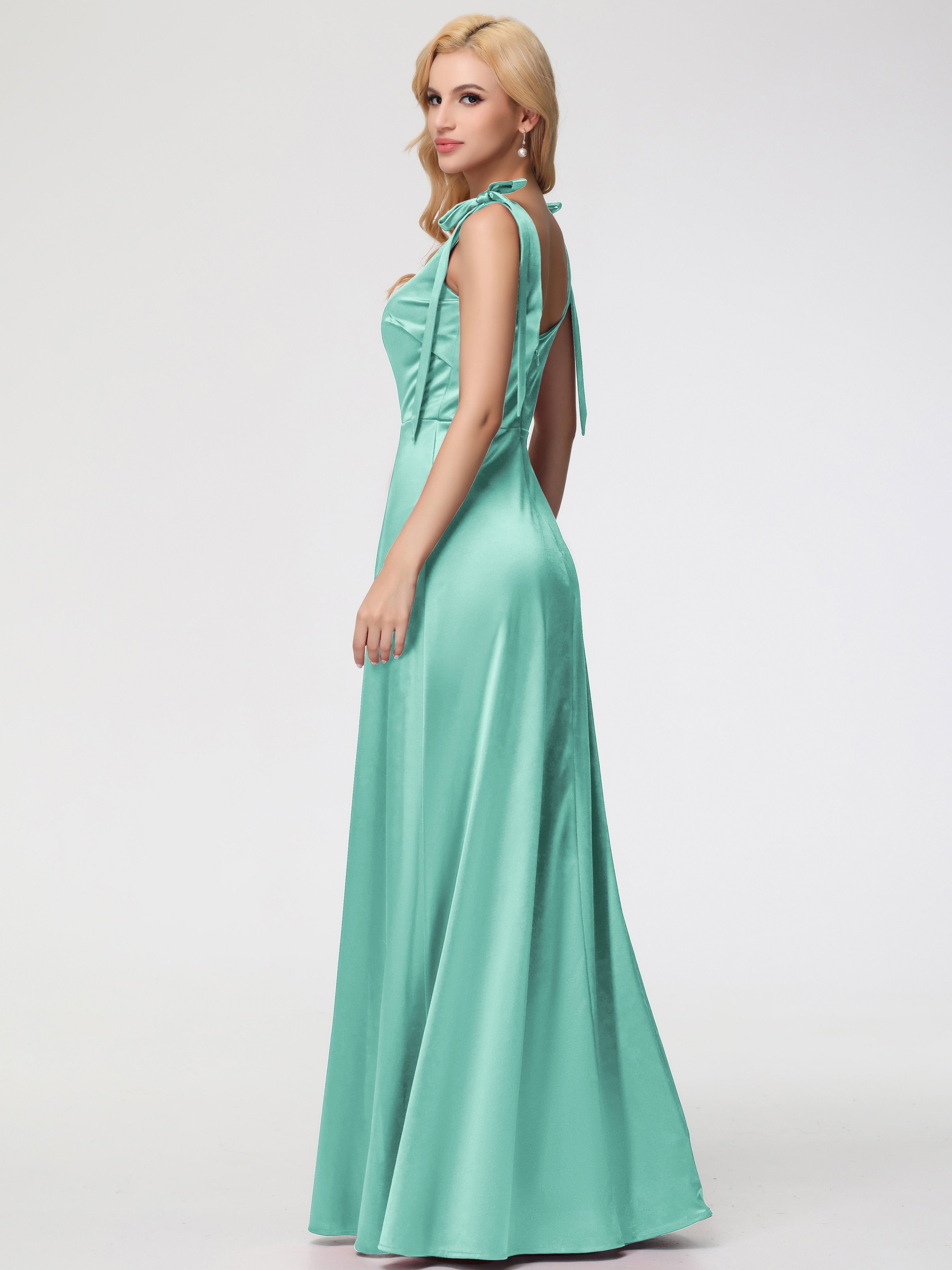 Robe Demoiselle D Honneur Vert Menthe Col Carré Trapèze Satin Extensible Fendue Robe De Demoiselle D'Honneur