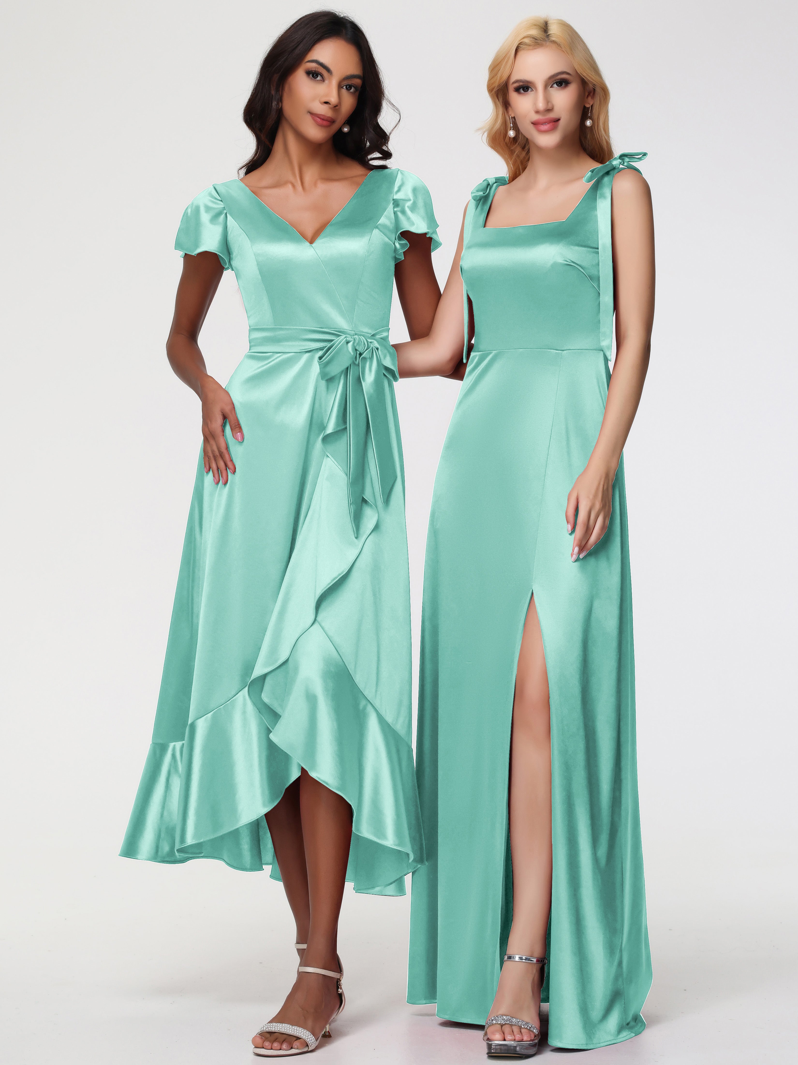 Robe Demoiselle D Honneur Vert Menthe Col Carré Trapèze Satin Extensible Fendue Robe De Demoiselle D'Honneur