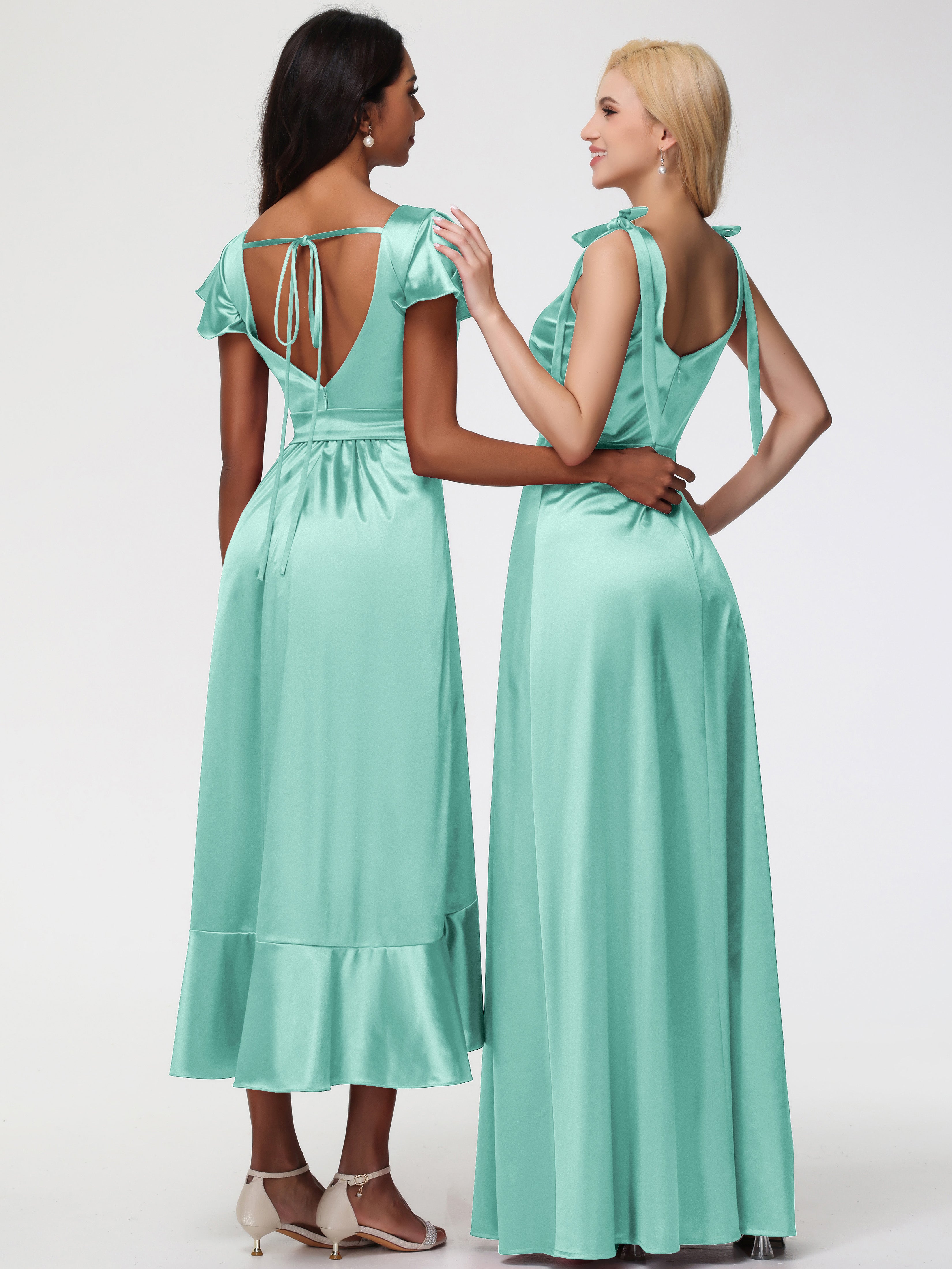 Robe Demoiselle D Honneur Vert Menthe Col Carré Trapèze Satin Extensible Fendue Robe De Demoiselle D'Honneur
