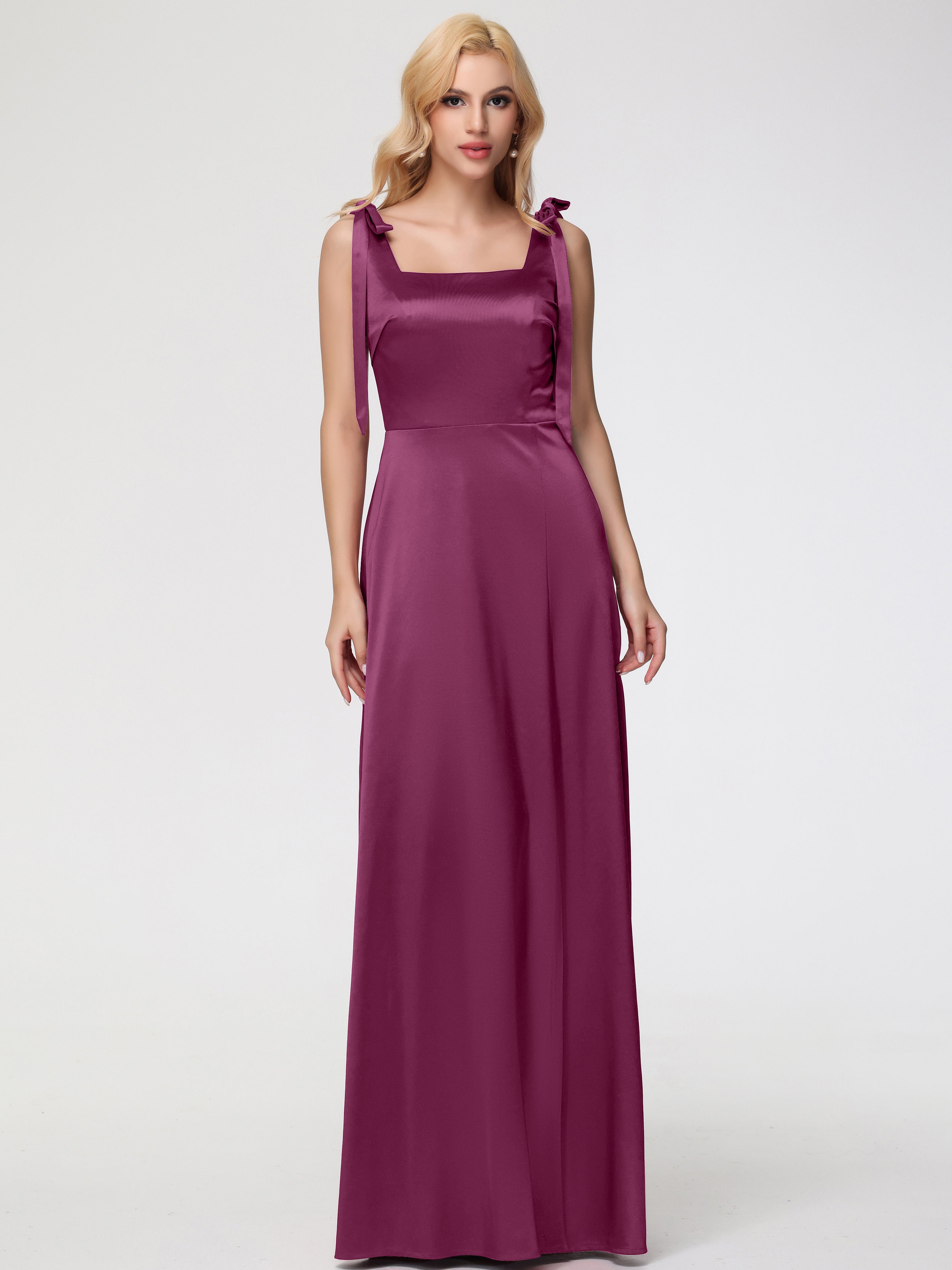 Robes De Demoiselle D'Honneur Mure Col Carré Trapèze Satin Extensible Fendue Robe De Demoiselle D'Honneur