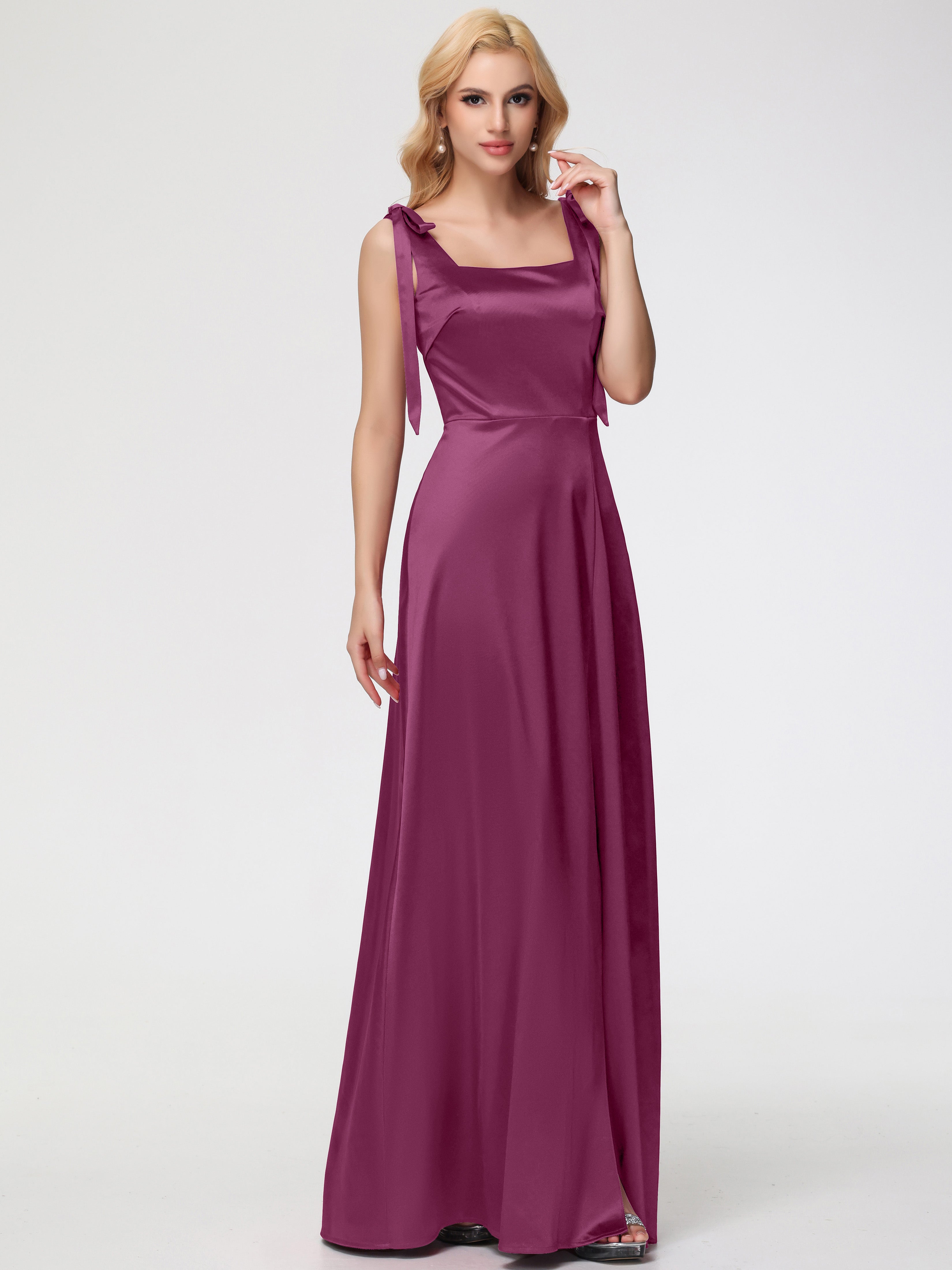 Robes De Demoiselle D'Honneur Mure Col Carré Trapèze Satin Extensible Fendue Robe De Demoiselle D'Honneur