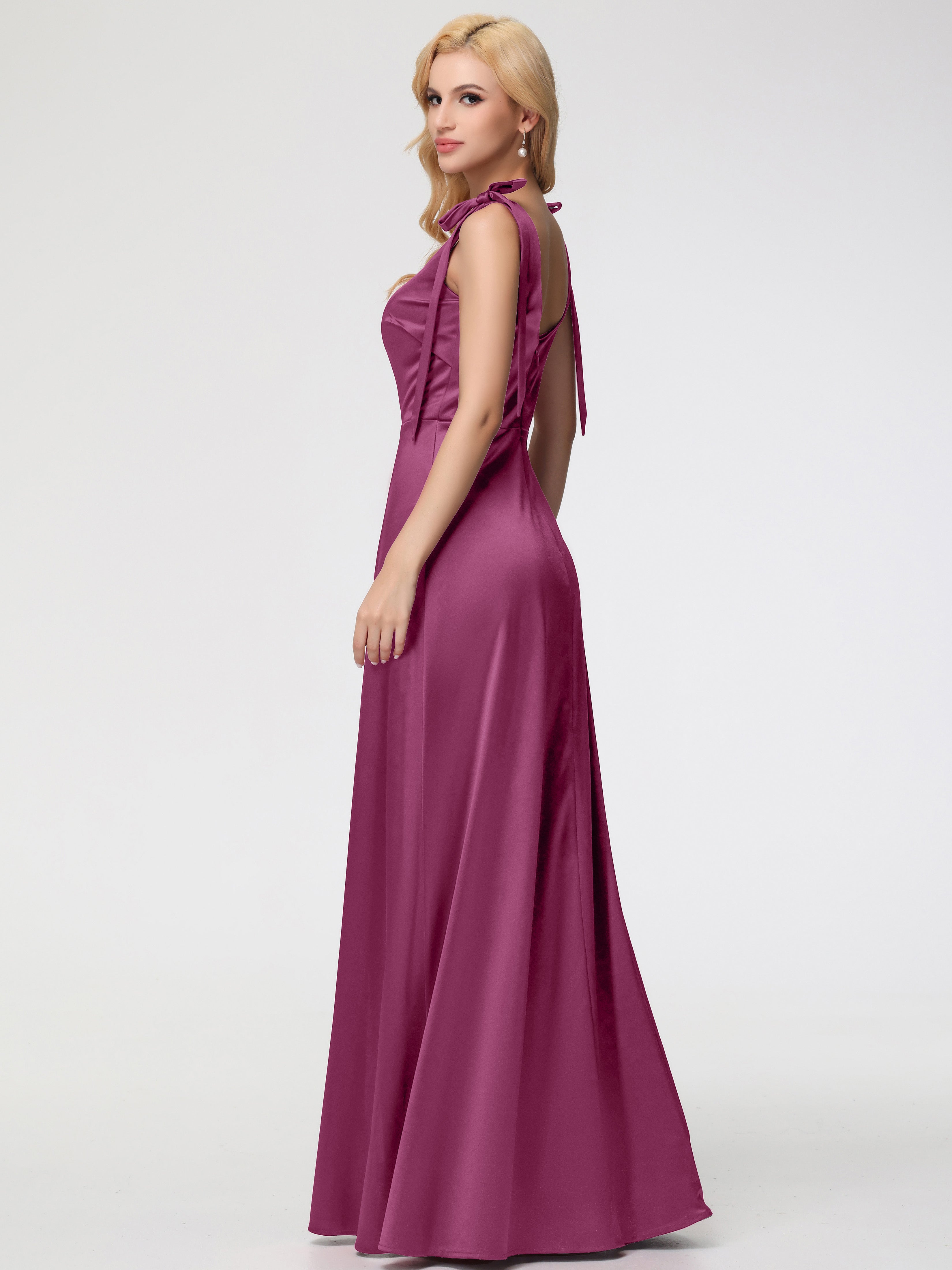 Robes De Demoiselle D'Honneur Mure Col Carré Trapèze Satin Extensible Fendue Robe De Demoiselle D'Honneur