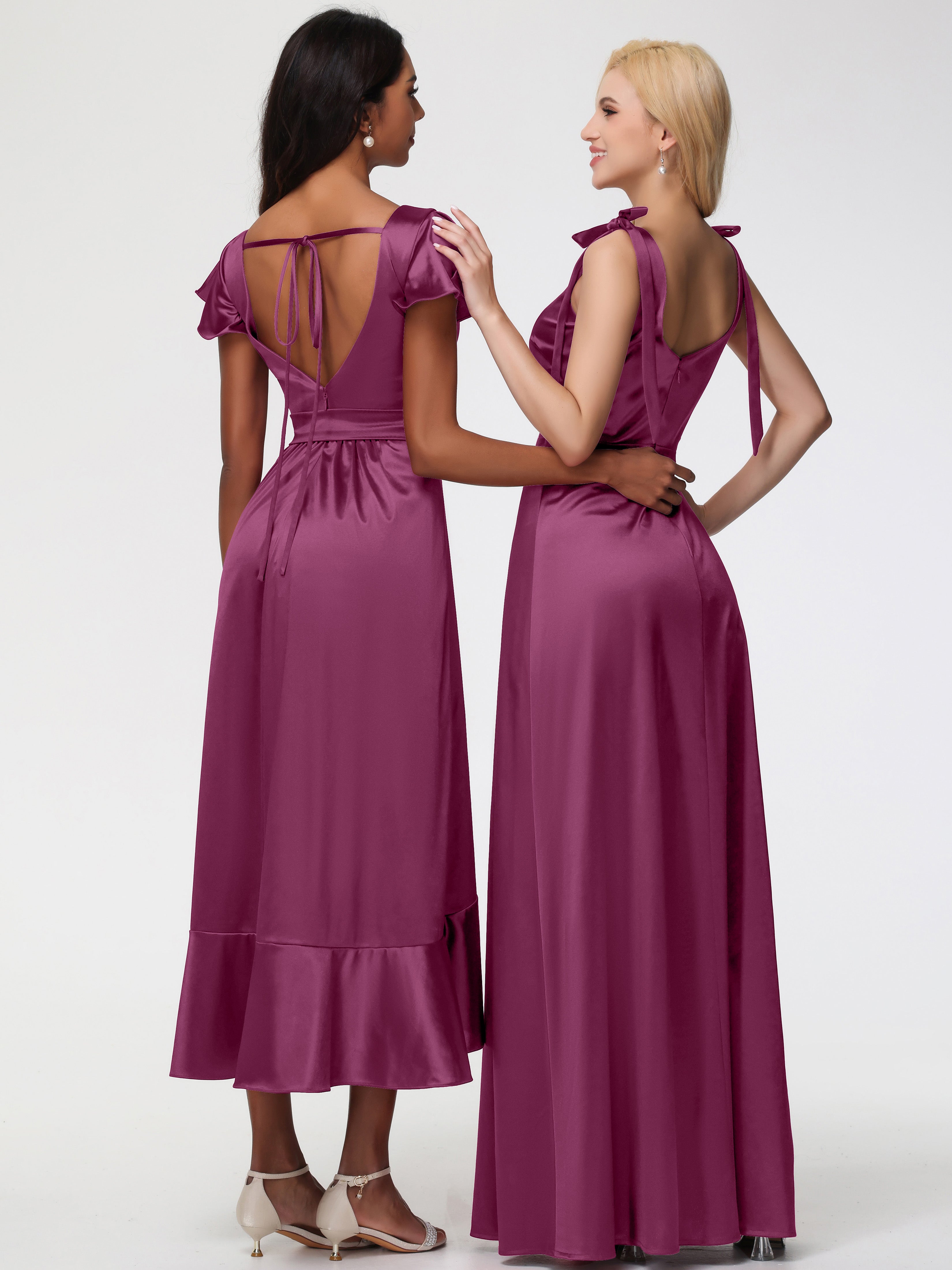 Robes De Demoiselle D'Honneur Mure Col Carré Trapèze Satin Extensible Fendue Robe De Demoiselle D'Honneur