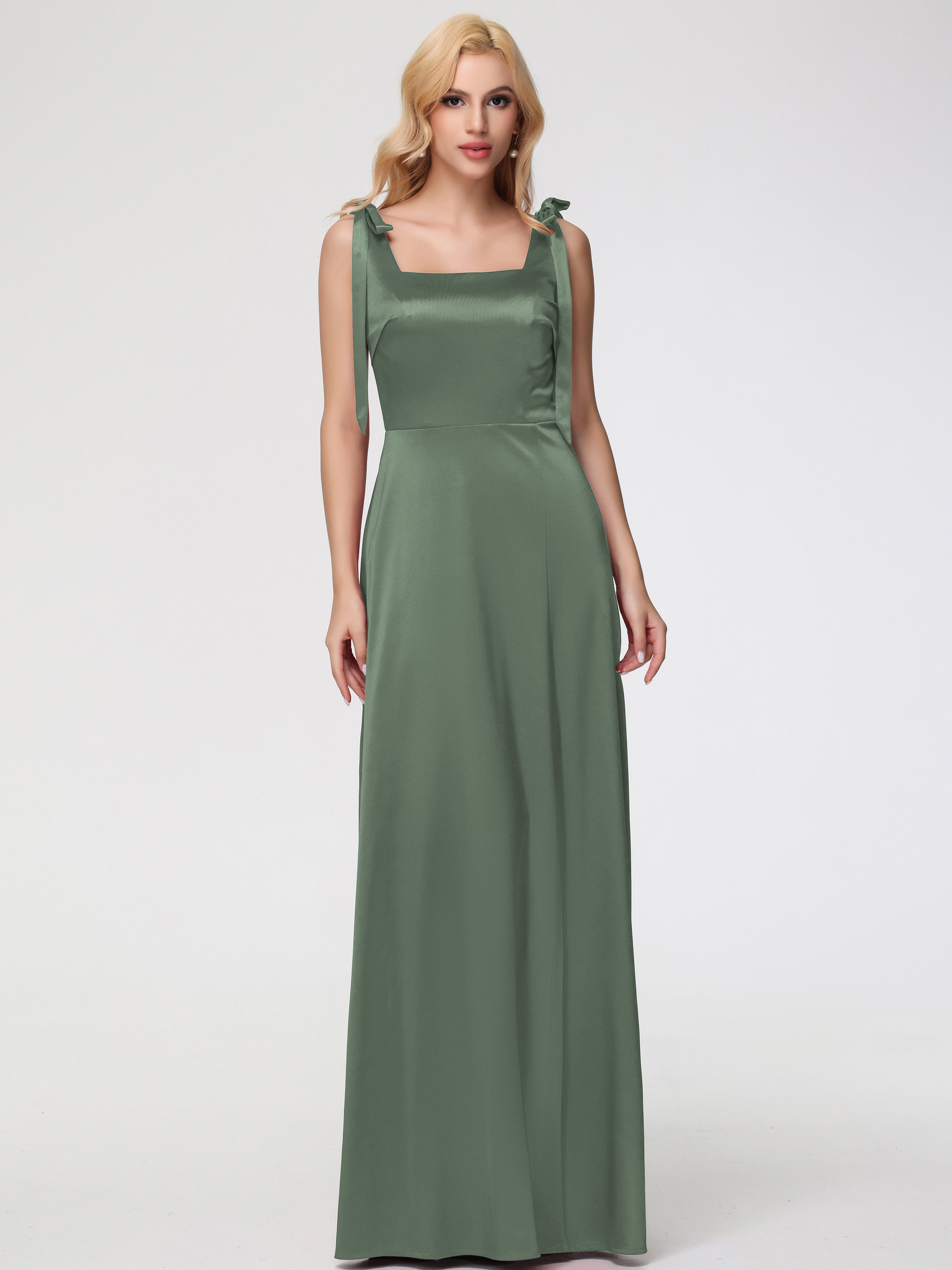 Robe Vert Olive Demoiselle D Honneur Col Carré Trapèze Satin Extensible Fendue Robe De Demoiselle D'Honneur