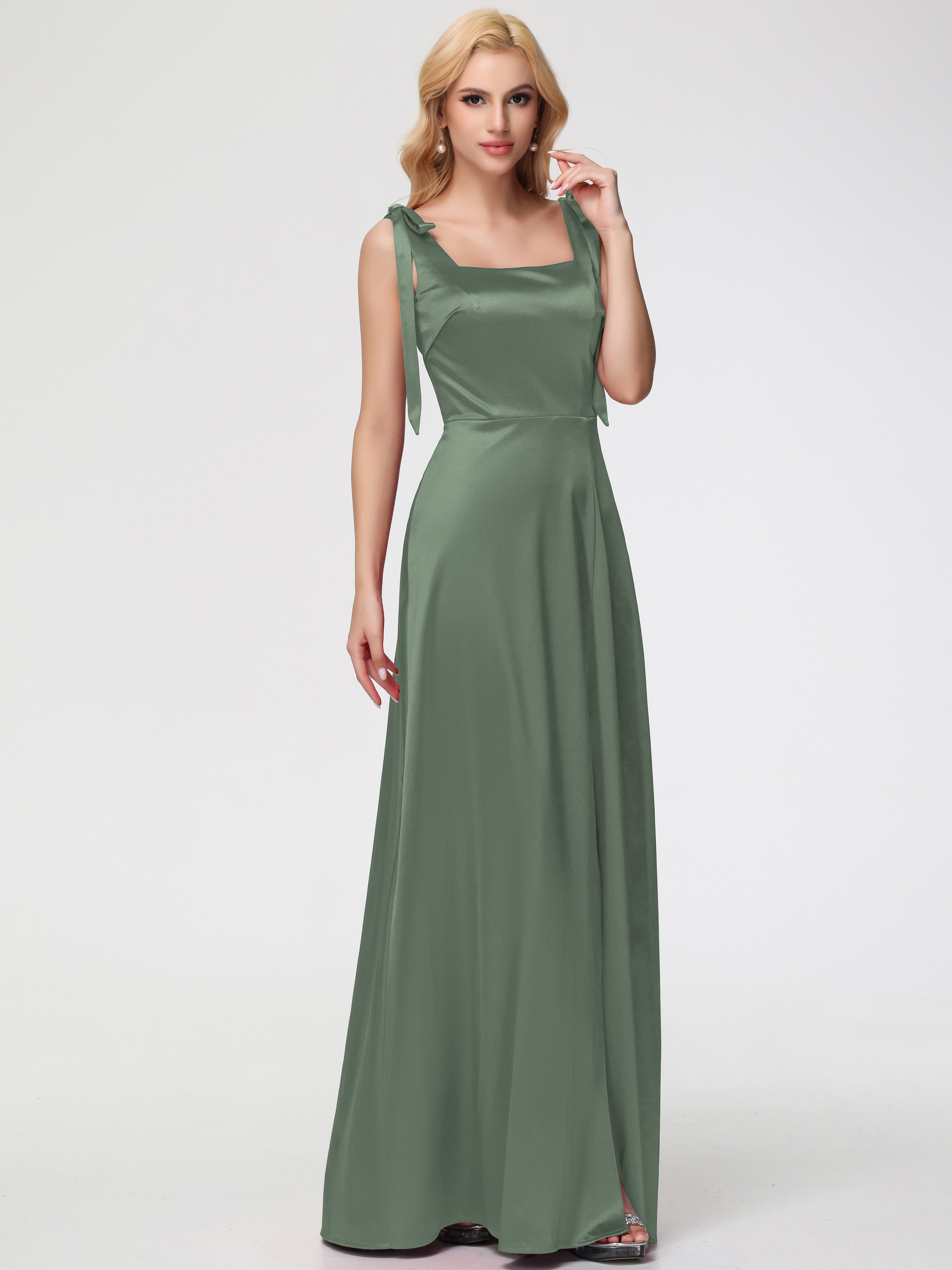 Robe Vert Olive Demoiselle D Honneur Col Carré Trapèze Satin Extensible Fendue Robe De Demoiselle D'Honneur