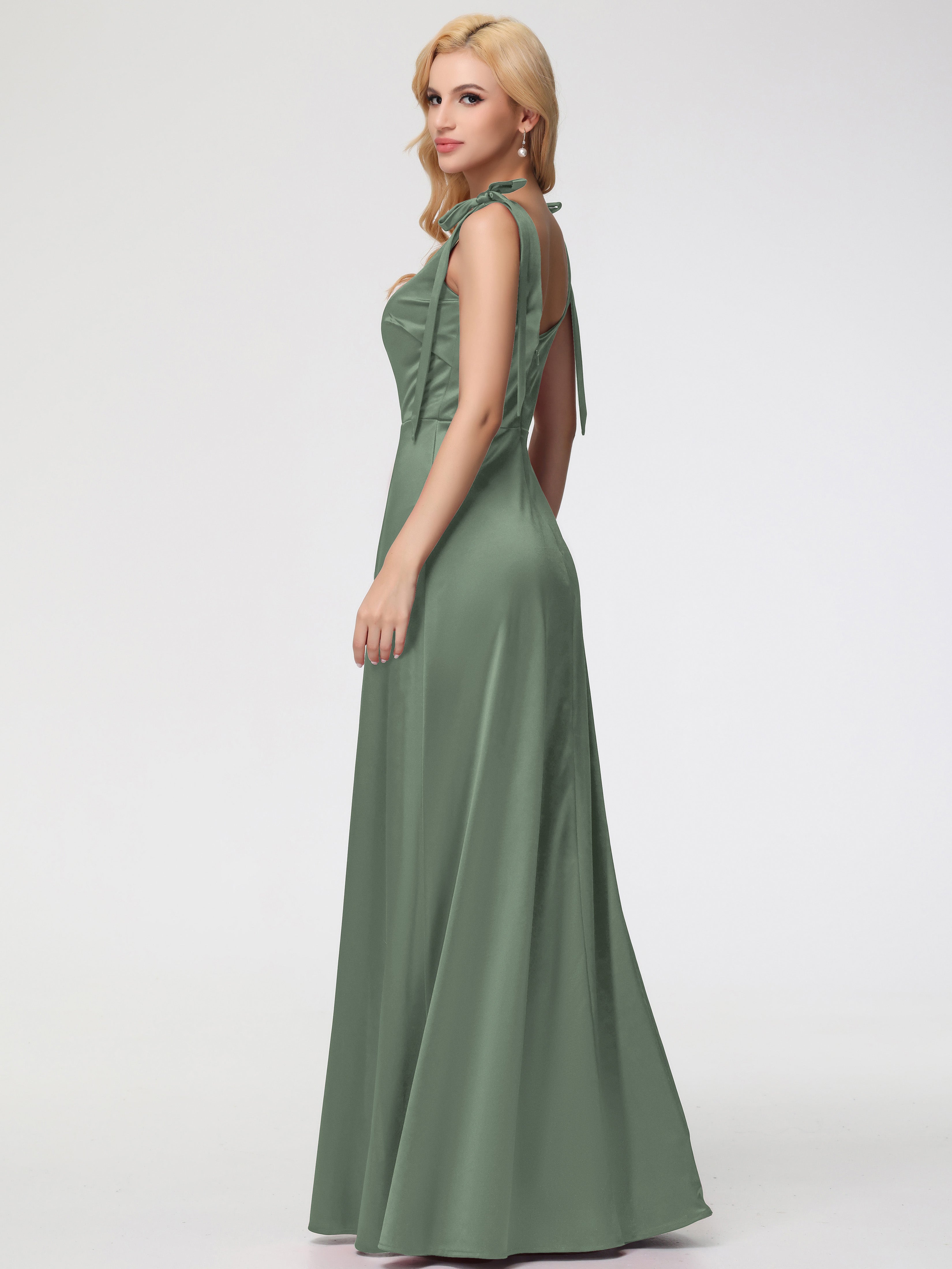 Robe Vert Olive Demoiselle D Honneur Col Carré Trapèze Satin Extensible Fendue Robe De Demoiselle D'Honneur