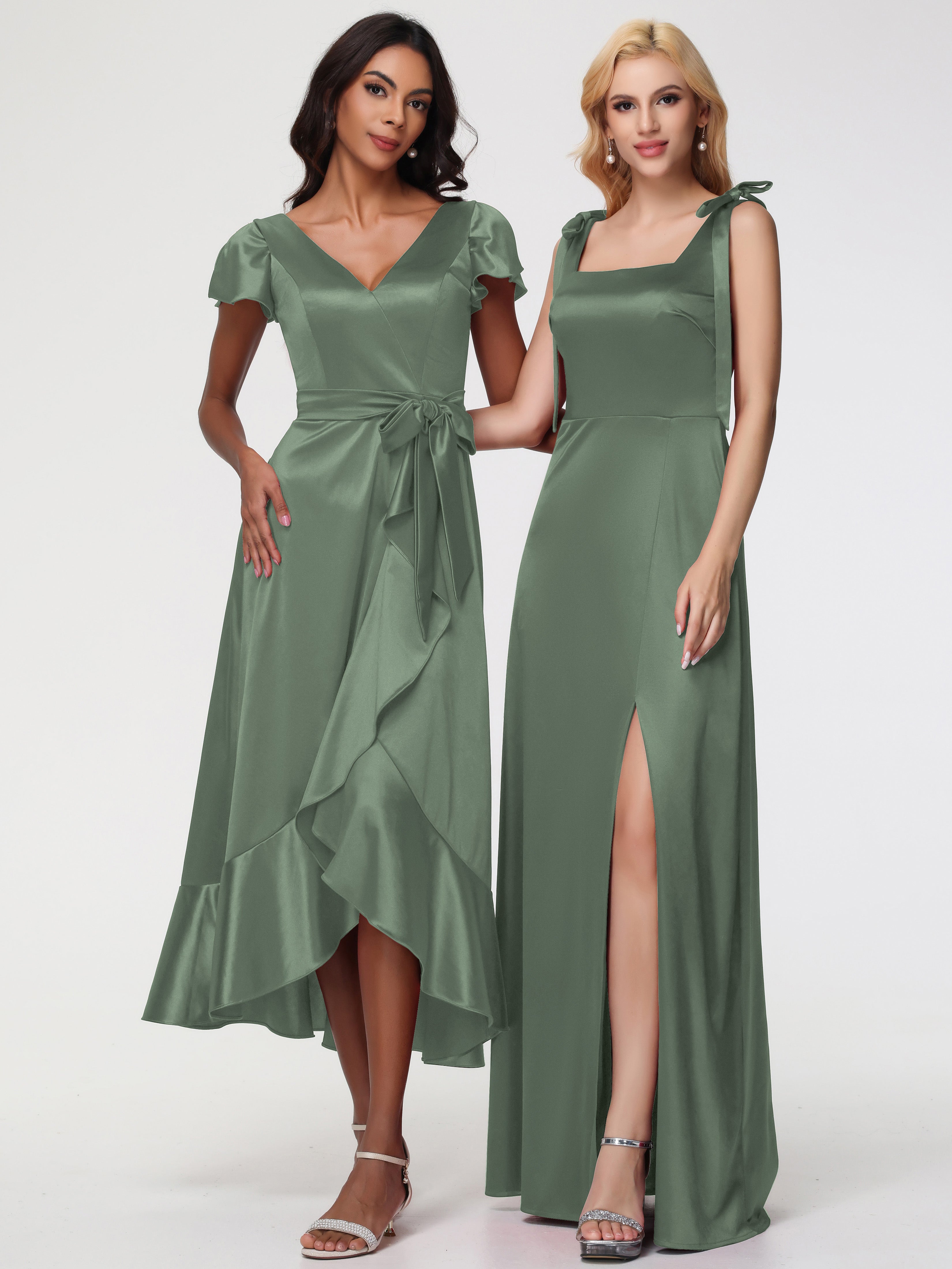 Robe Vert Olive Demoiselle D Honneur Col Carré Trapèze Satin Extensible Fendue Robe De Demoiselle D'Honneur