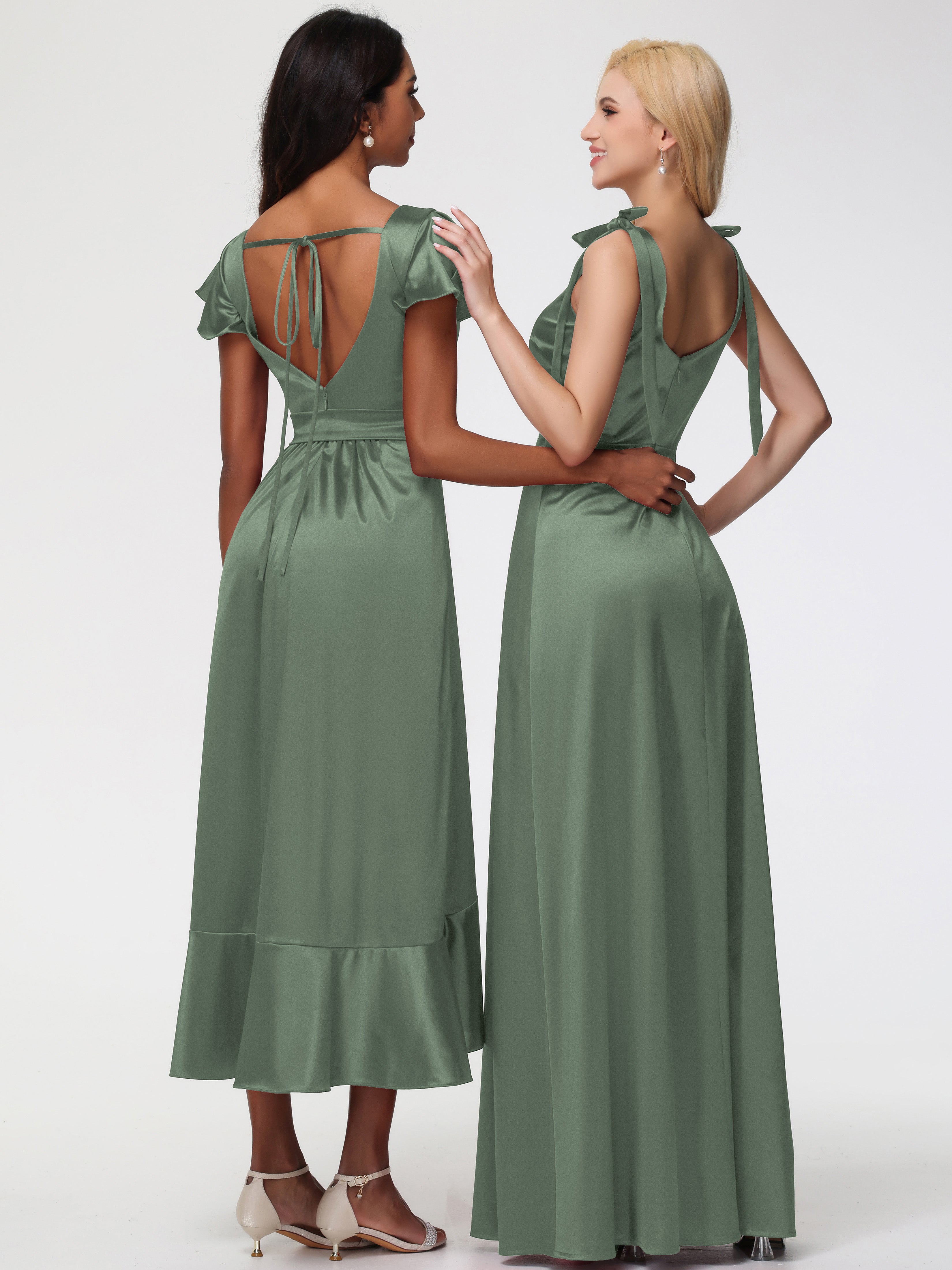 Robe Vert Olive Demoiselle D Honneur Col Carré Trapèze Satin Extensible Fendue Robe De Demoiselle D'Honneur