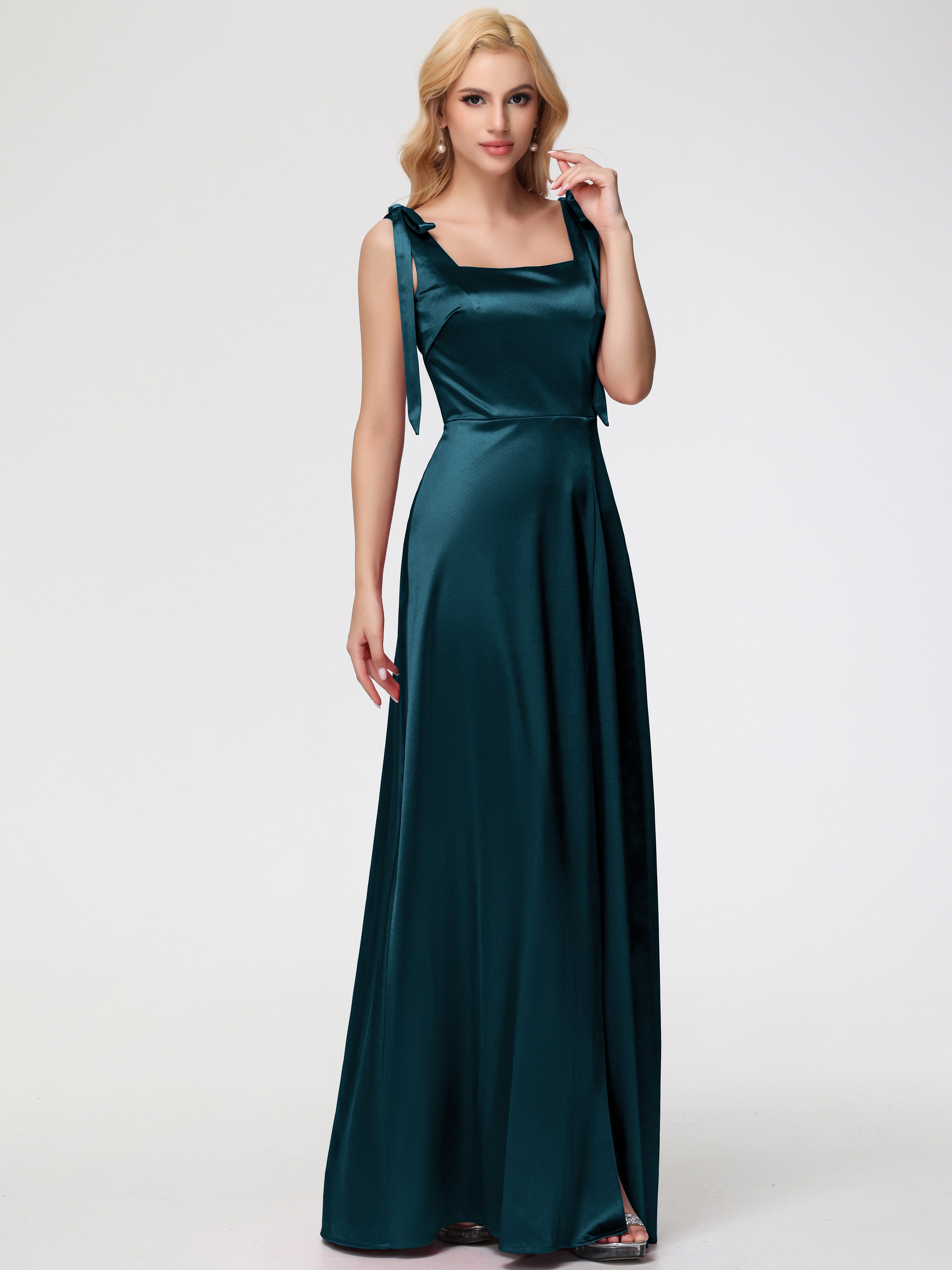 Robes De Demoiselle D'Honneur De Paon Col Carré Trapèze Satin Extensible Fendue Robe De Demoiselle D'Honneur