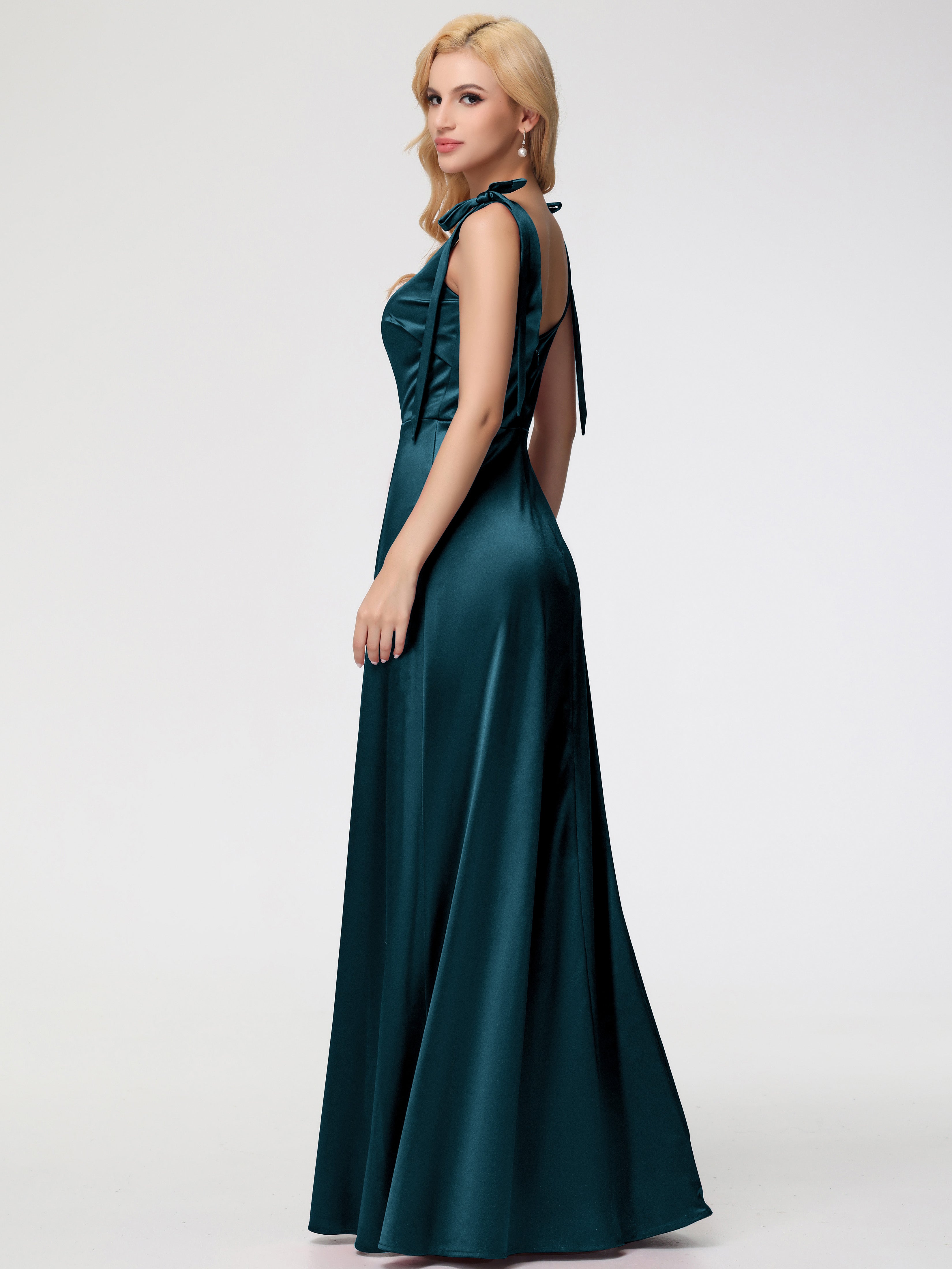 Robes De Demoiselle D'Honneur De Paon Col Carré Trapèze Satin Extensible Fendue Robe De Demoiselle D'Honneur