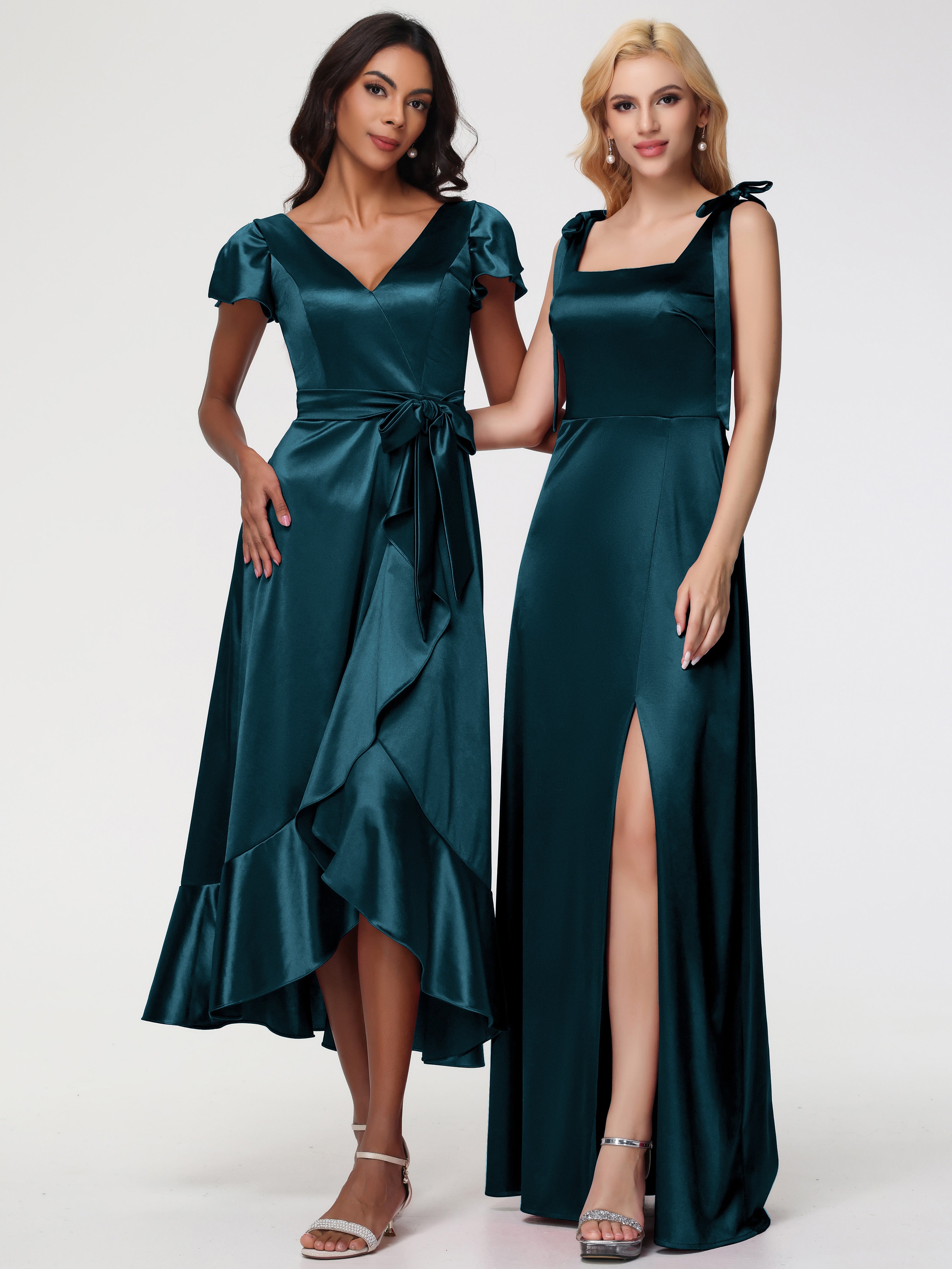 Robes De Demoiselle D'Honneur De Paon Col Carré Trapèze Satin Extensible Fendue Robe De Demoiselle D'Honneur