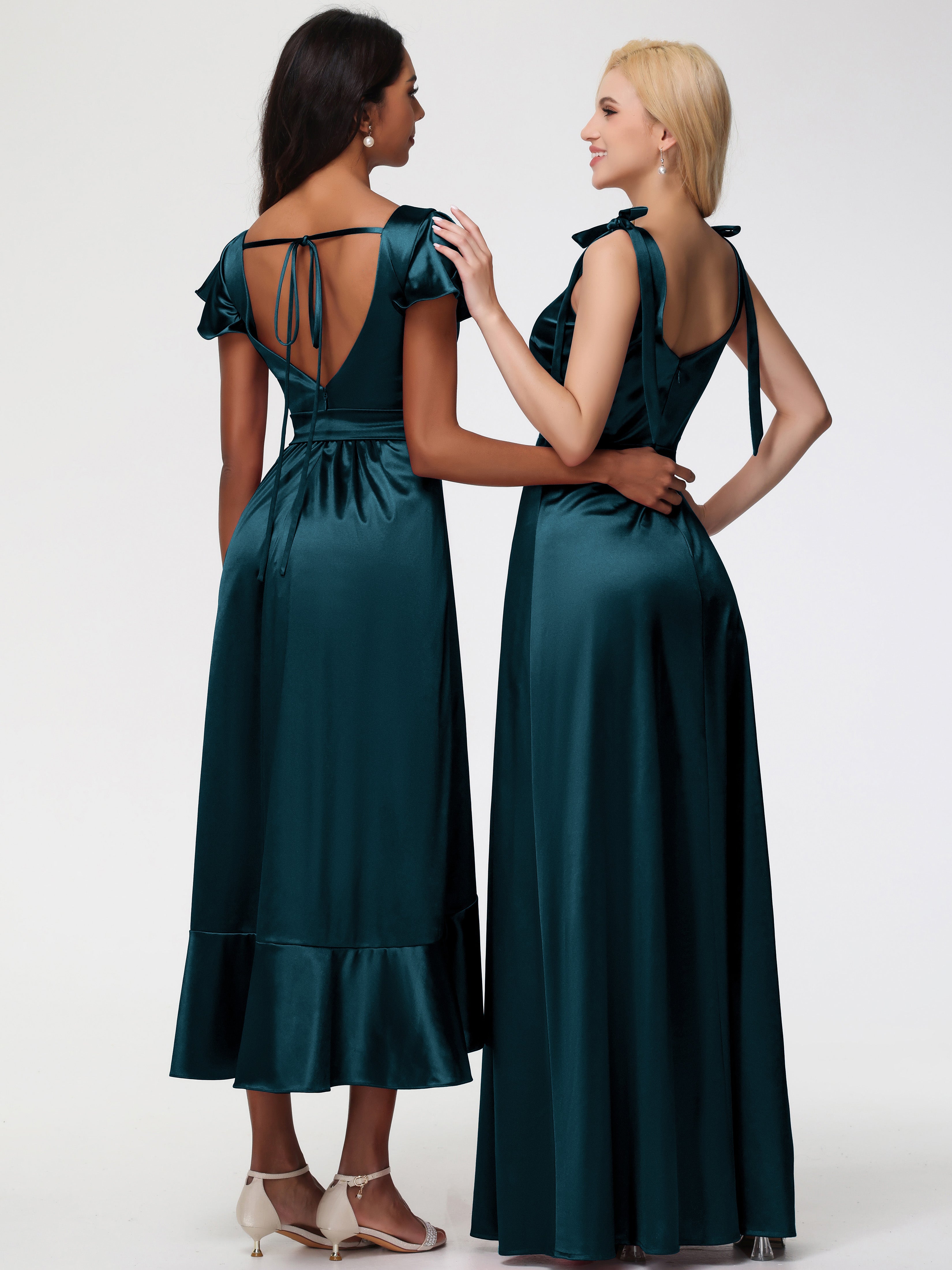 Robes De Demoiselle D'Honneur De Paon Col Carré Trapèze Satin Extensible Fendue Robe De Demoiselle D'Honneur