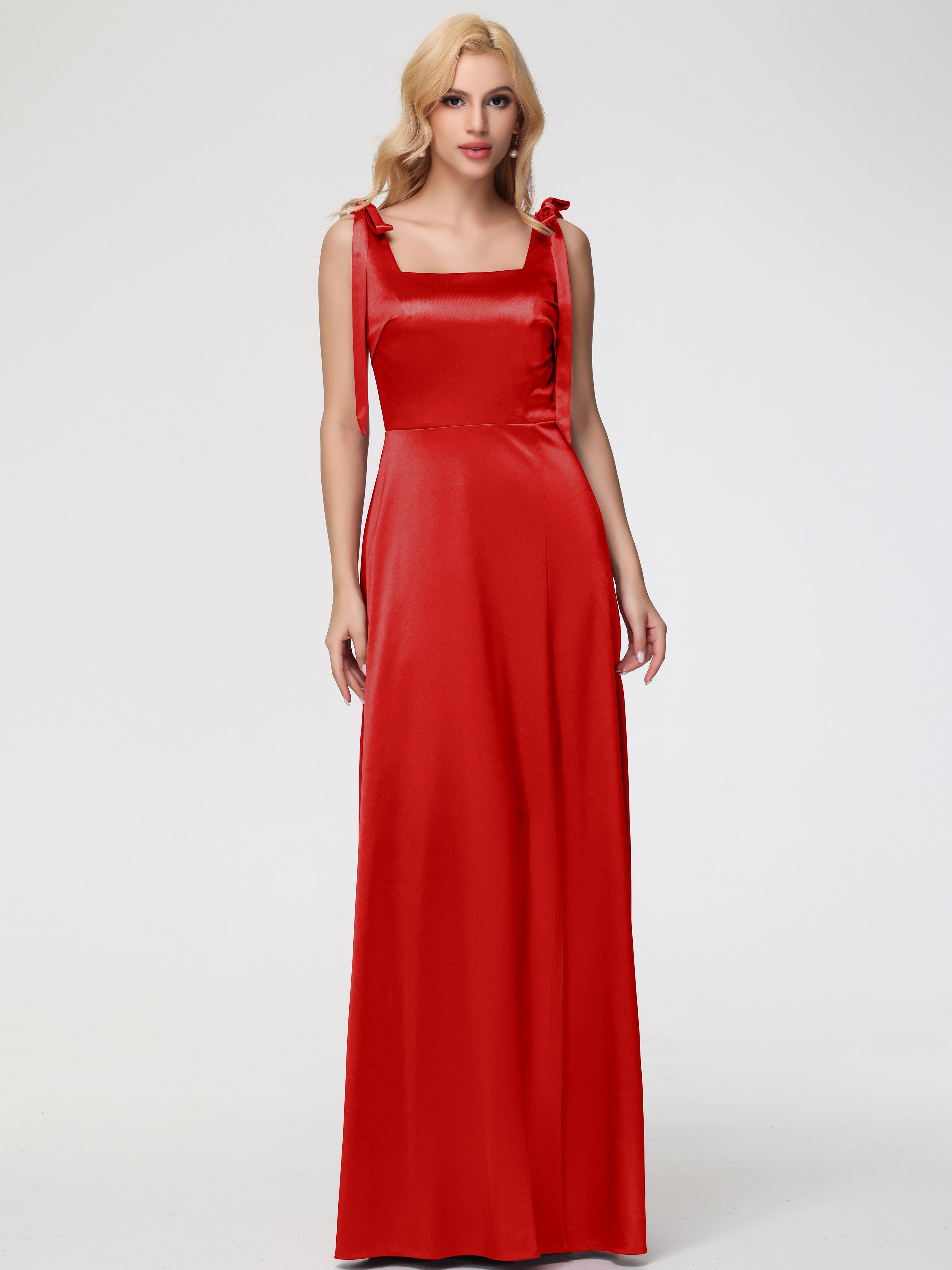 Long Robe Demoiselle D Honneur Rouge Col Carré Trapèze Satin Extensible Fendue Robe De Demoiselle D'Honneur