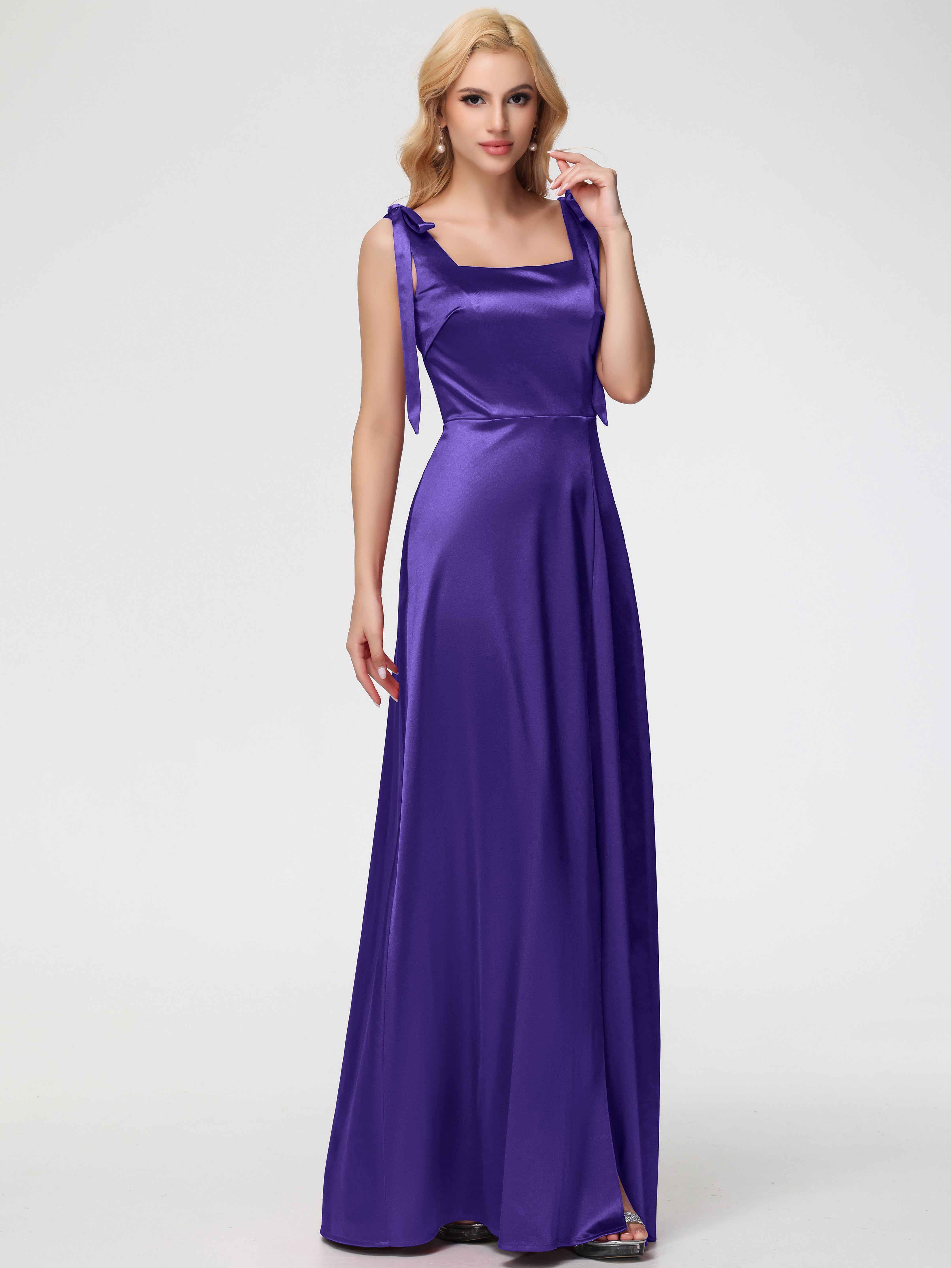 Robes De Demoiselle D'Honneur En Régence Col Carré Trapèze Satin Extensible Fendue Robe De Demoiselle D'Honneur