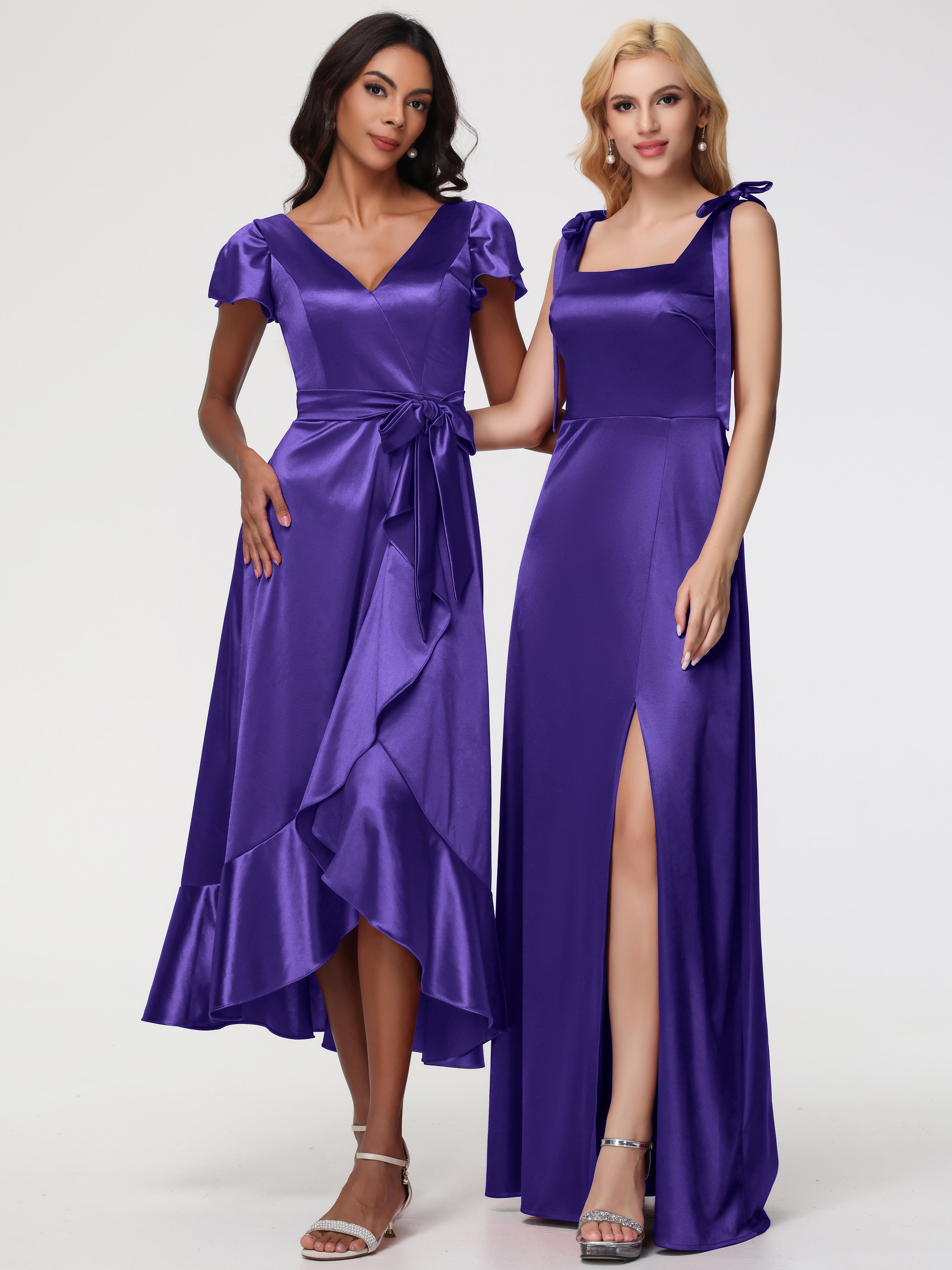 Robes De Demoiselle D'Honneur En Régence Col Carré Trapèze Satin Extensible Fendue Robe De Demoiselle D'Honneur