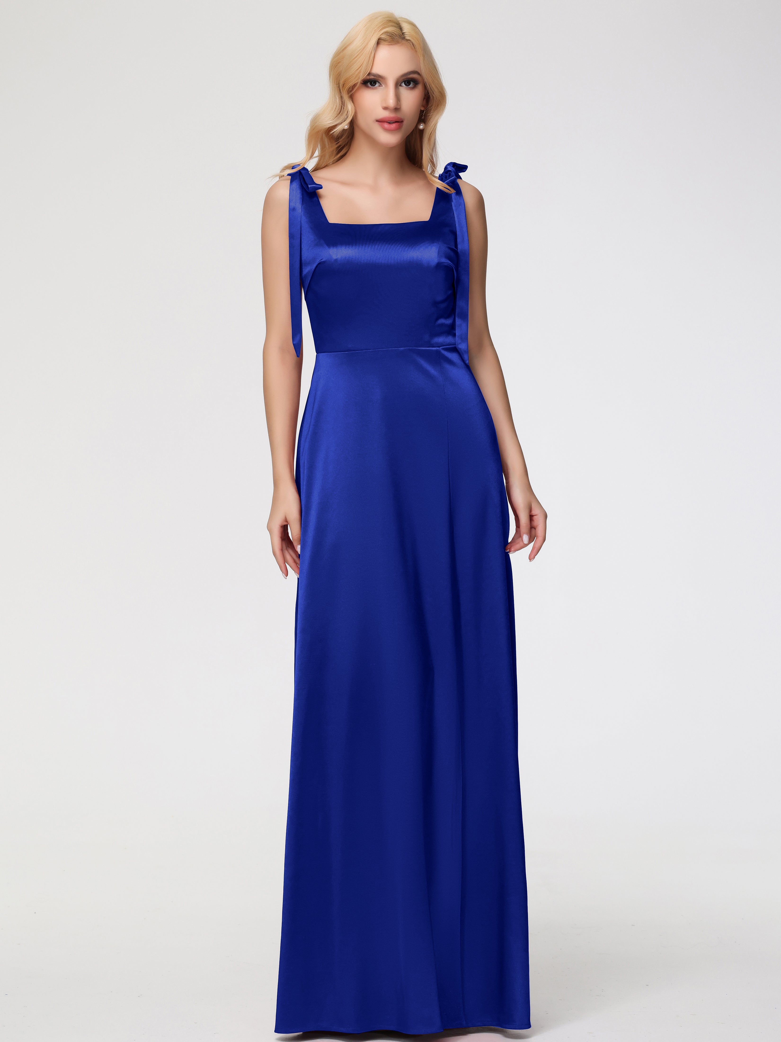 Robes De Demoiselle D'Honneur Bleu Royal Col Carré Trapèze Satin Extensible Fendue Robe De Demoiselle D'Honneur