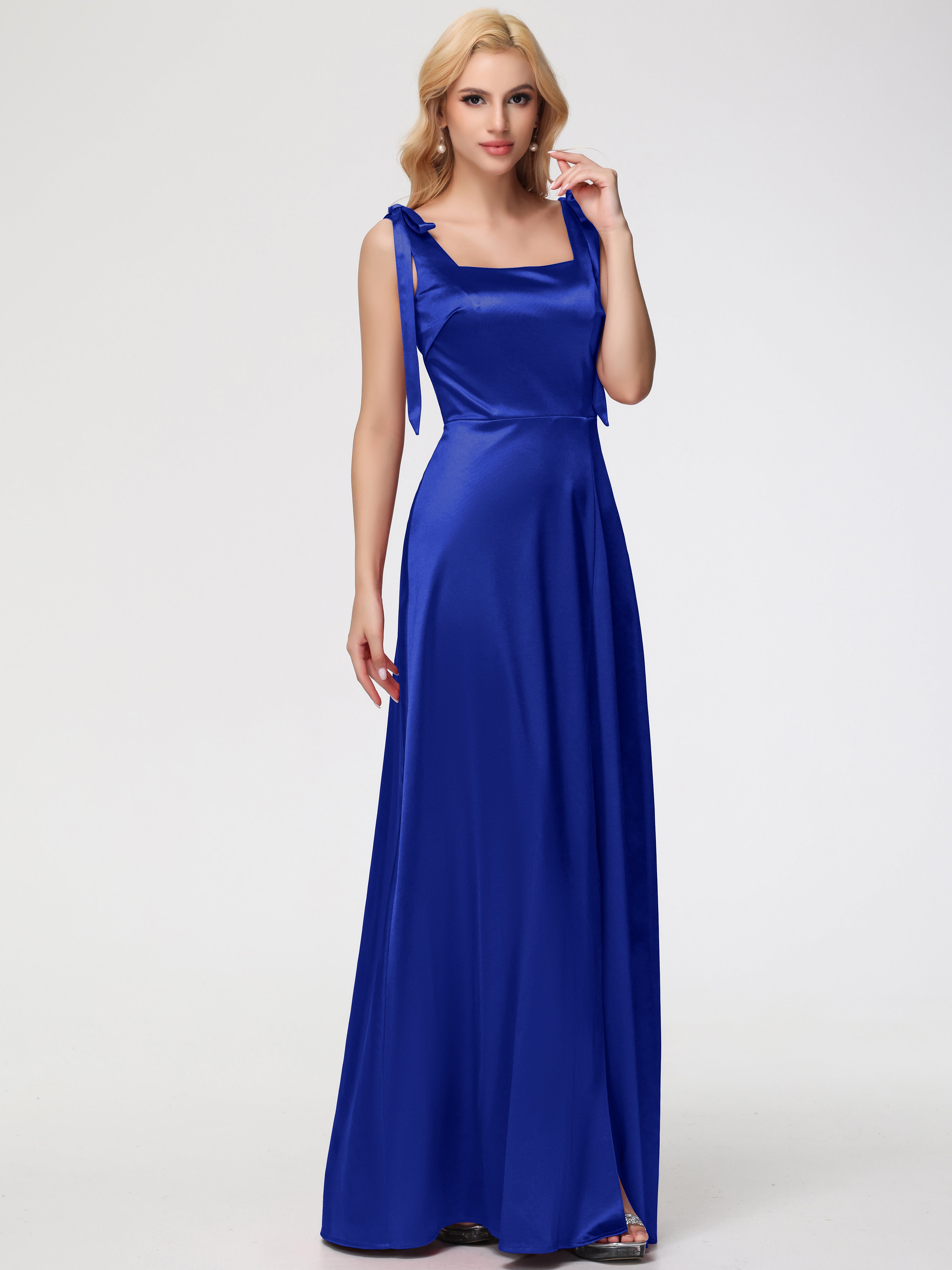 Robes De Demoiselle D'Honneur Bleu Royal Col Carré Trapèze Satin Extensible Fendue Robe De Demoiselle D'Honneur