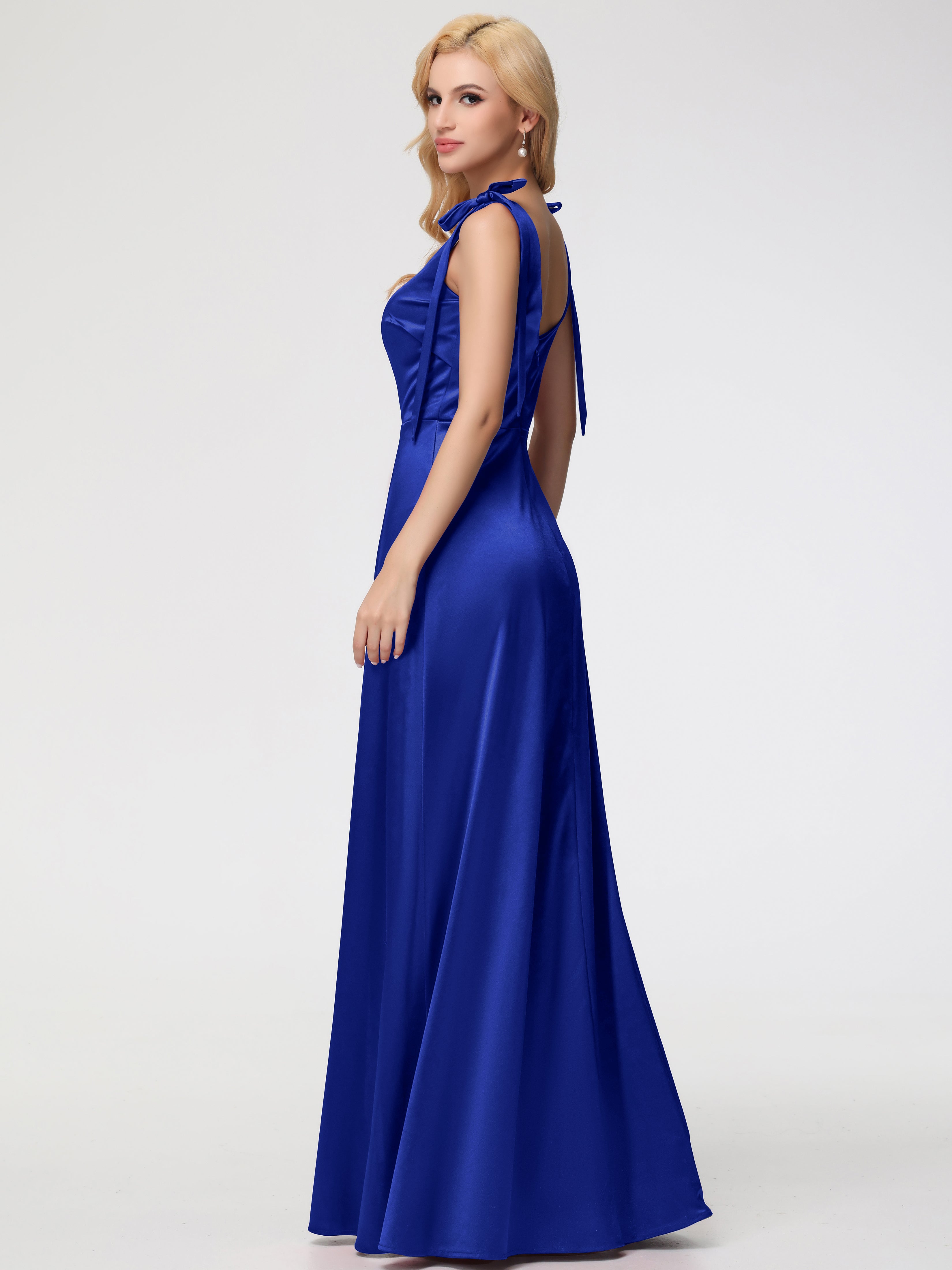 Robes De Demoiselle D'Honneur Bleu Royal Col Carré Trapèze Satin Extensible Fendue Robe De Demoiselle D'Honneur