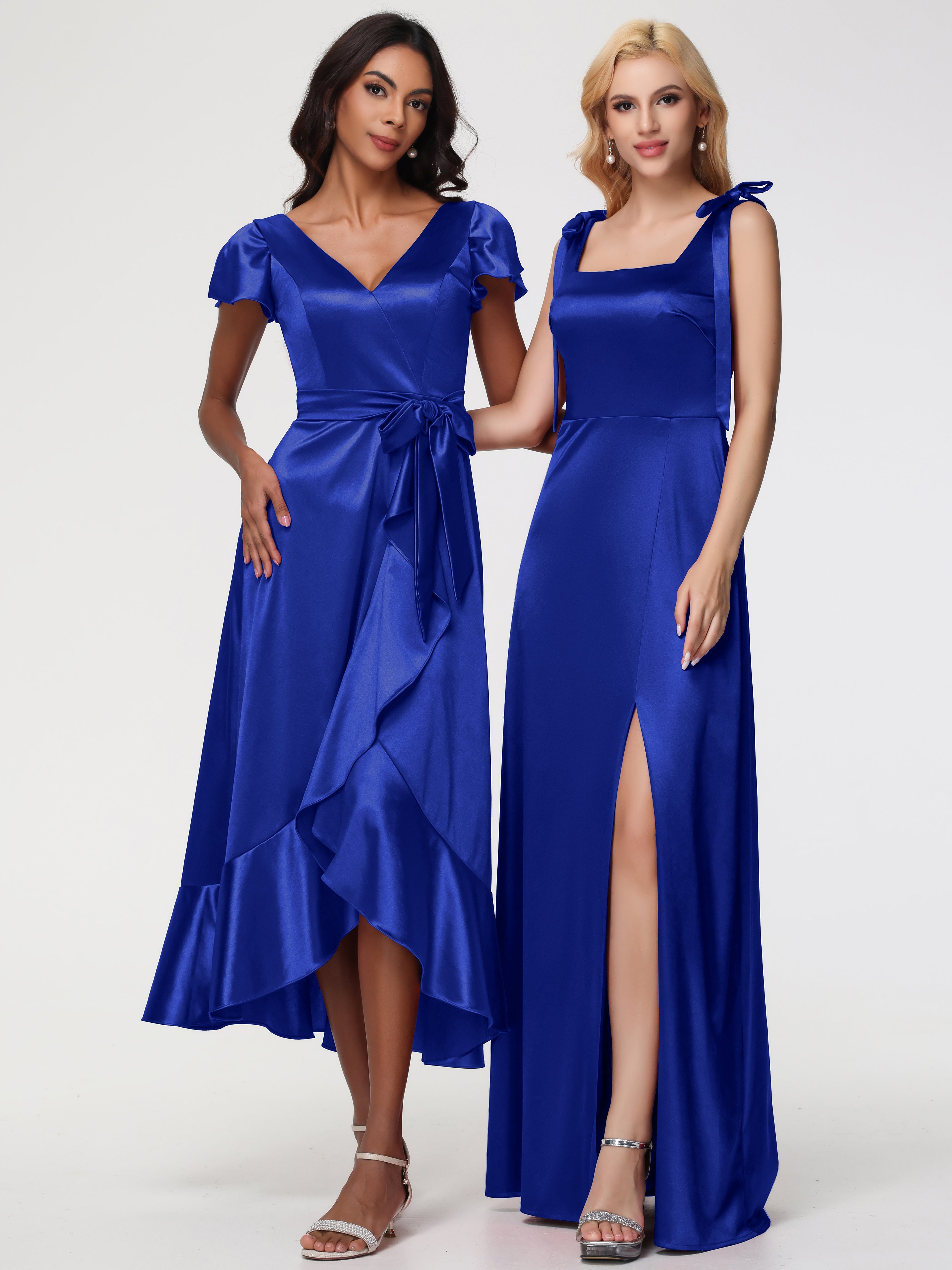 Robes De Demoiselle D'Honneur Bleu Royal Col Carré Trapèze Satin Extensible Fendue Robe De Demoiselle D'Honneur