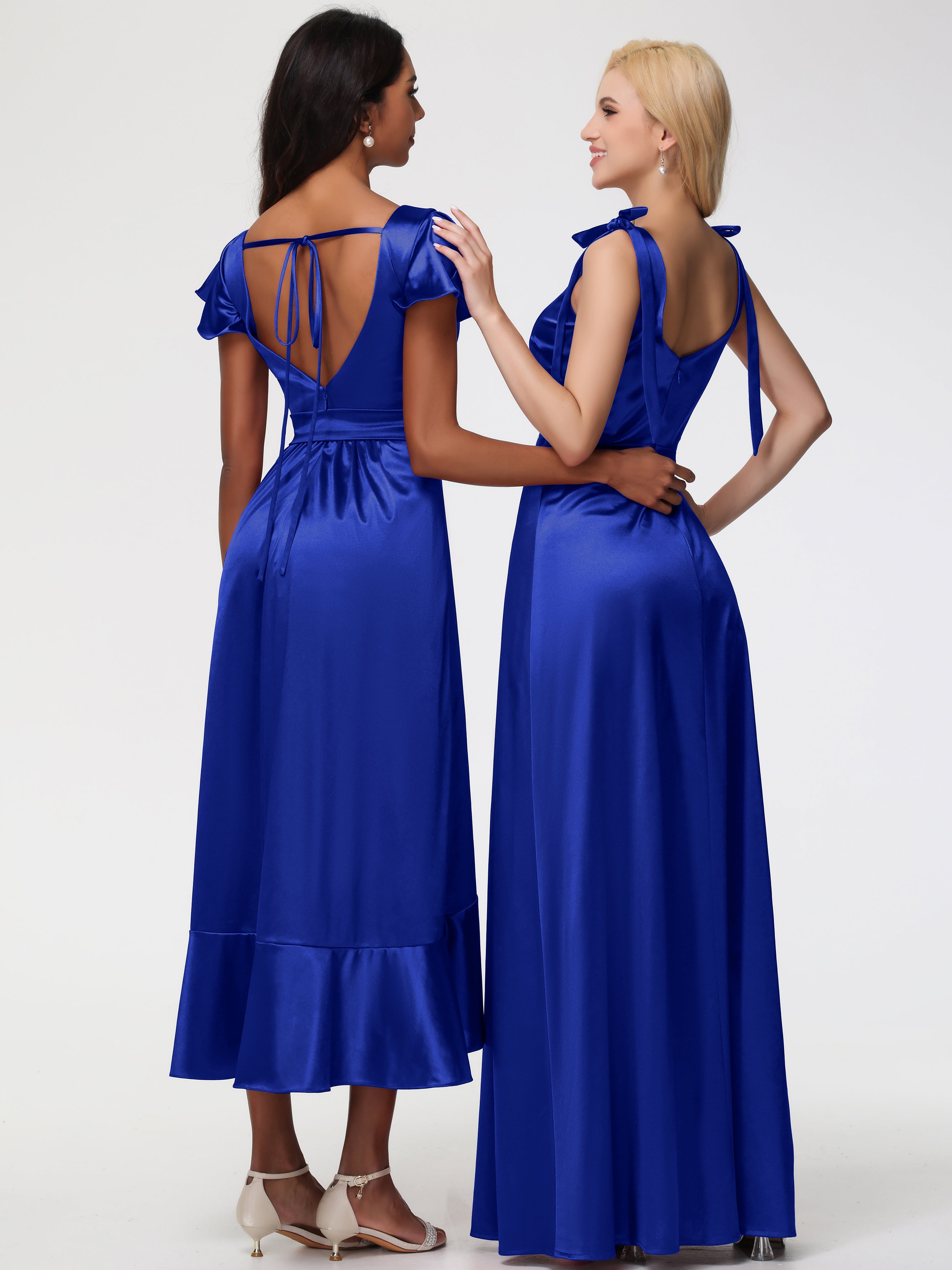 Robes De Demoiselle D'Honneur Bleu Royal Col Carré Trapèze Satin Extensible Fendue Robe De Demoiselle D'Honneur