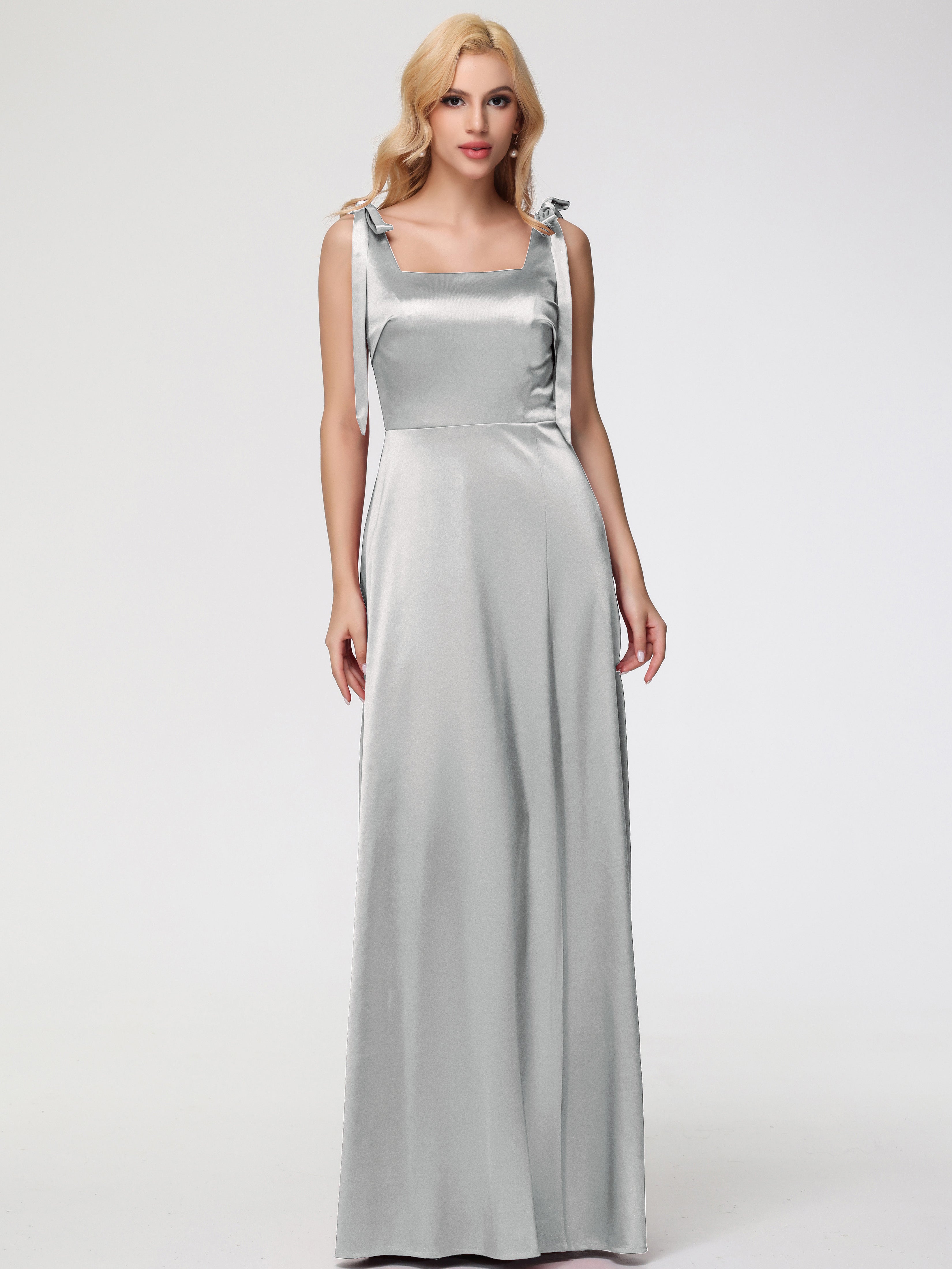 Robe Demoiselle D Honneur Argenté Col Carré Trapèze Satin Extensible Fendue Robe De Demoiselle D'Honneur