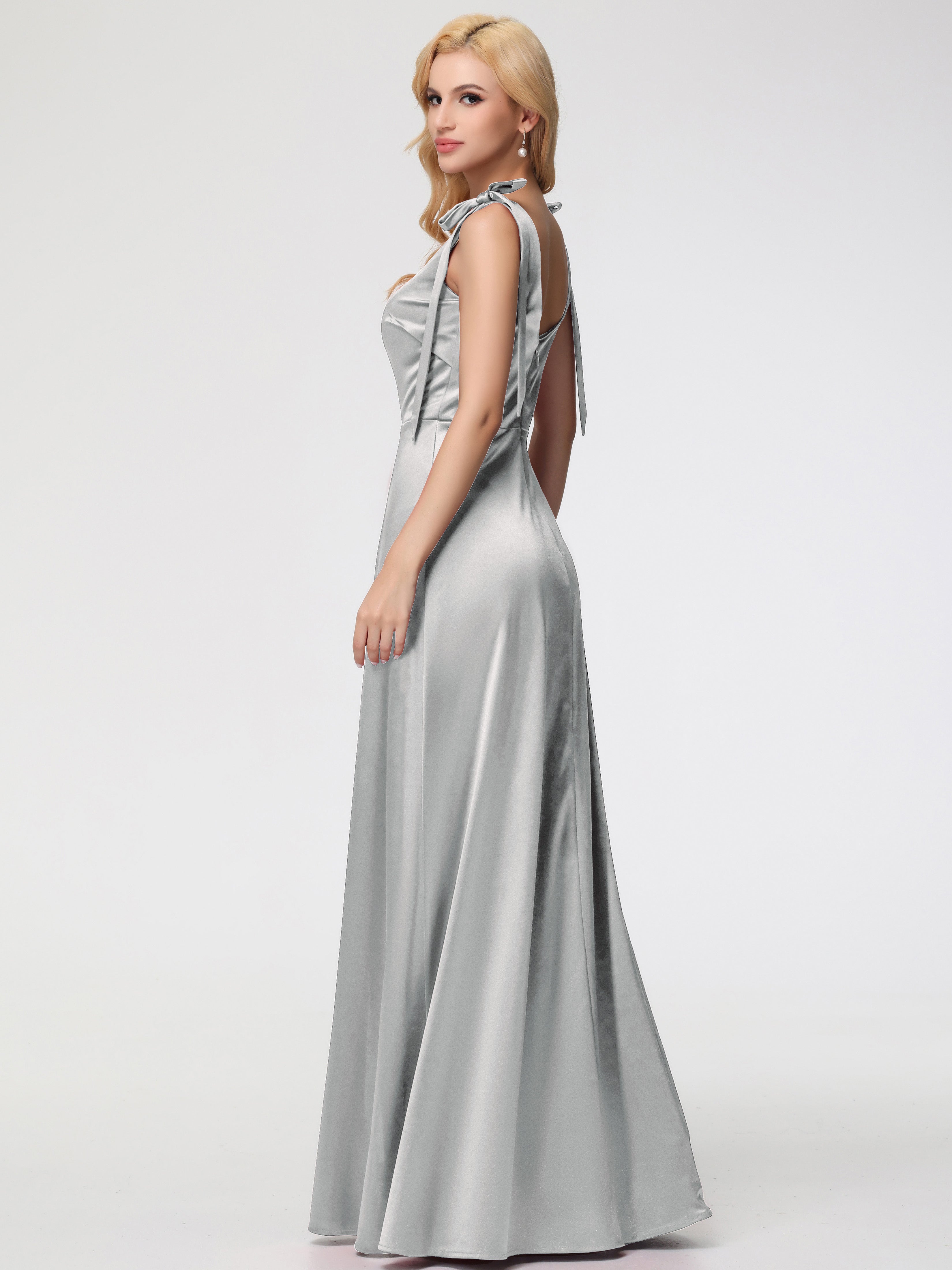 Robe Demoiselle D Honneur Argenté Col Carré Trapèze Satin Extensible Fendue Robe De Demoiselle D'Honneur