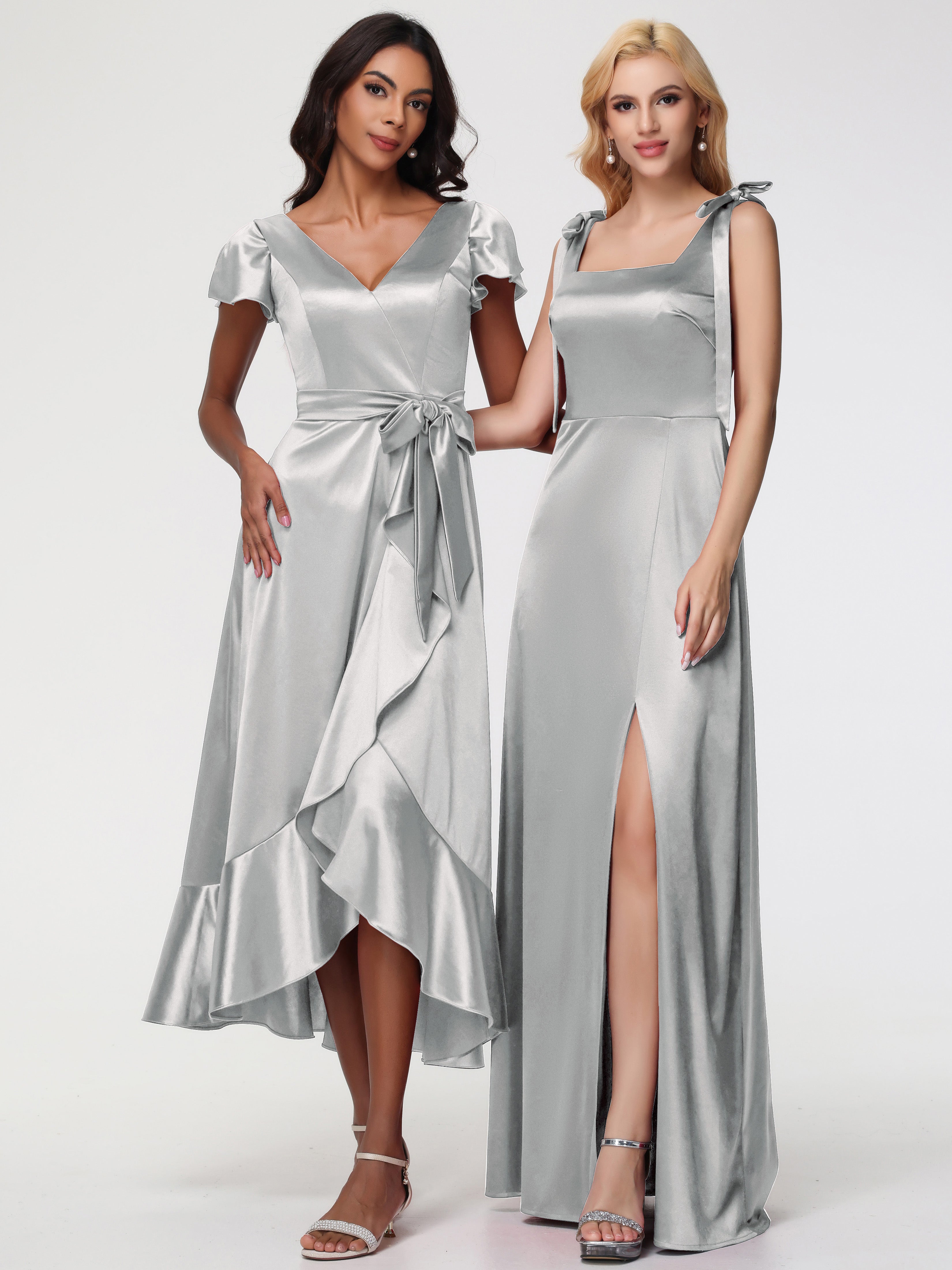 Robe Demoiselle D Honneur Argenté Col Carré Trapèze Satin Extensible Fendue Robe De Demoiselle D'Honneur