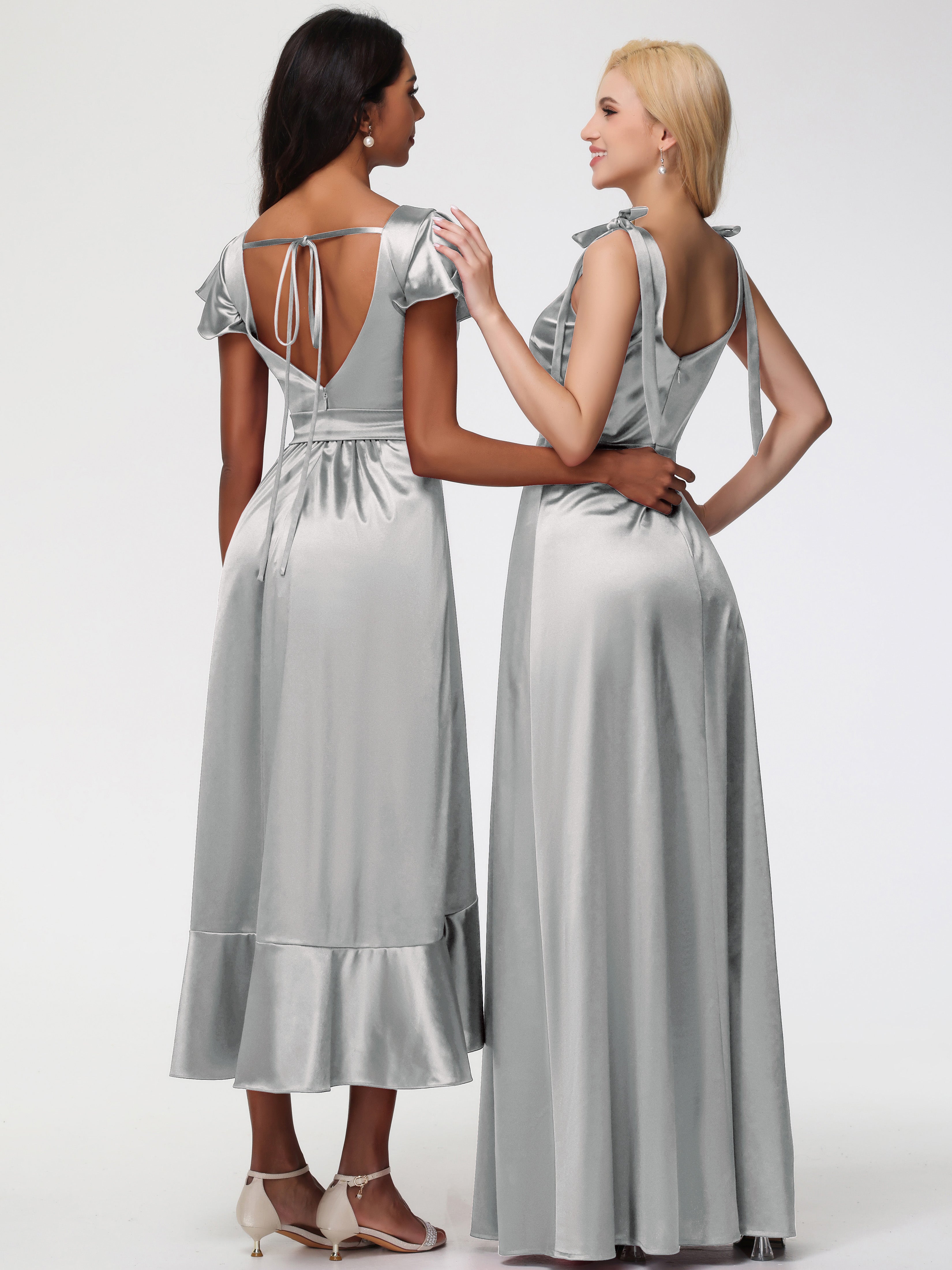 Robe Demoiselle D Honneur Argenté Col Carré Trapèze Satin Extensible Fendue Robe De Demoiselle D'Honneur