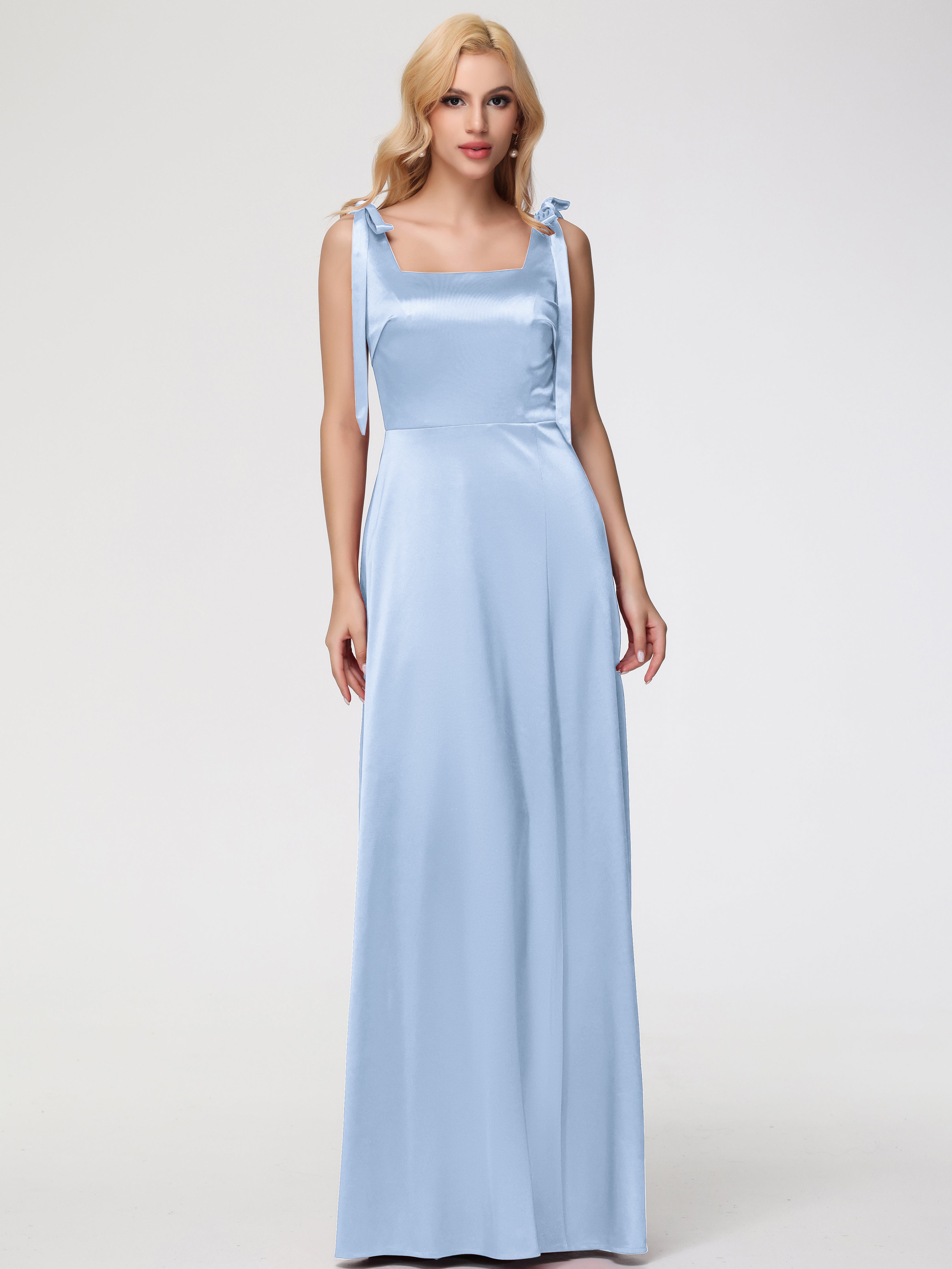 Robe De Demoiselle D Honneur Bleu Ciel Col Carré Trapèze Satin Extensible Fendue Robe De Demoiselle D'Honneur