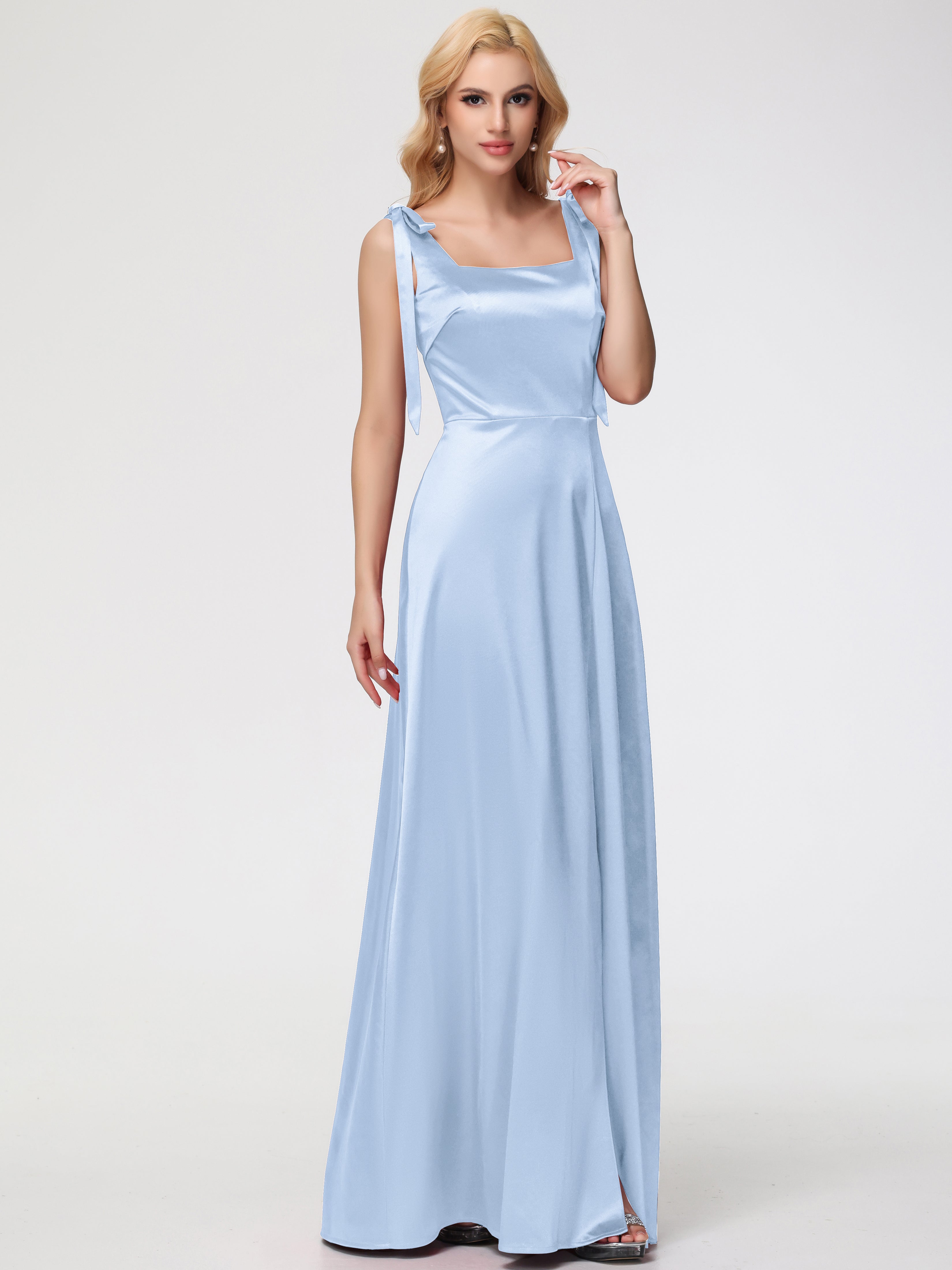 Robe De Demoiselle D Honneur Bleu Ciel Col Carré Trapèze Satin Extensible Fendue Robe De Demoiselle D'Honneur