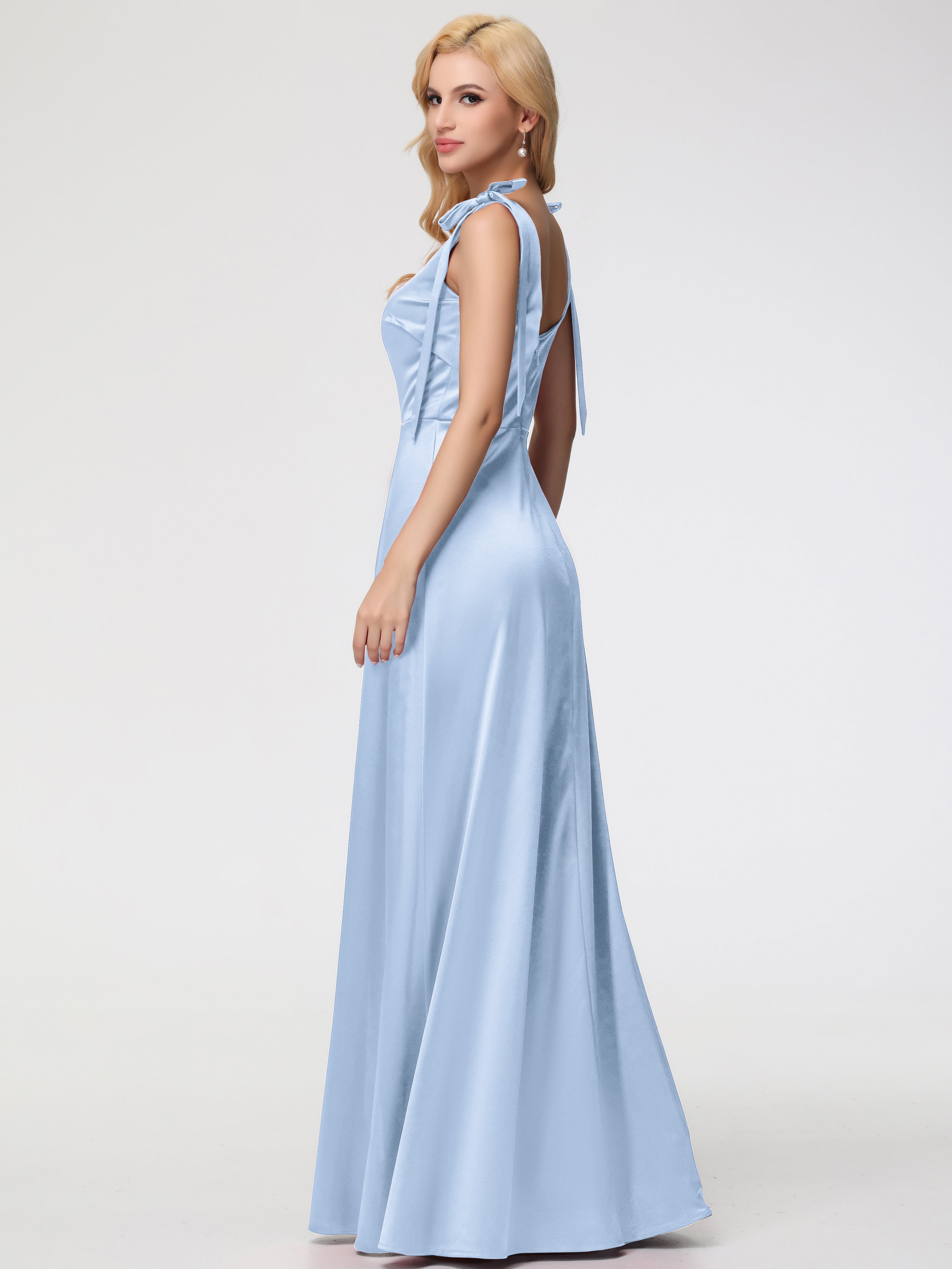 Robe De Demoiselle D Honneur Bleu Ciel Col Carré Trapèze Satin Extensible Fendue Robe De Demoiselle D'Honneur