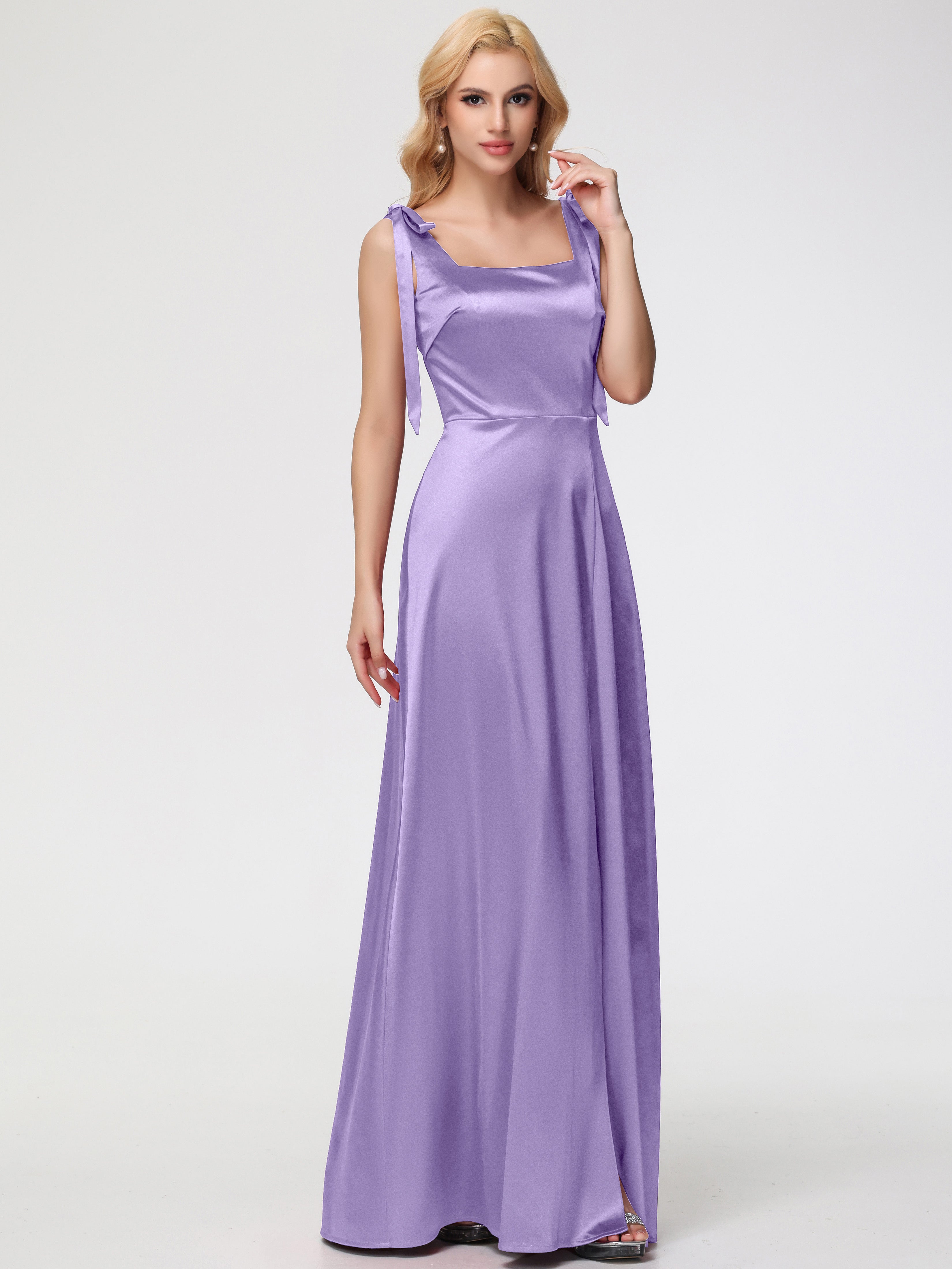 Robes De Demoiselle D'Honneur Tahiti Col Carré Trapèze Satin Extensible Fendue Robe De Demoiselle D'Honneur