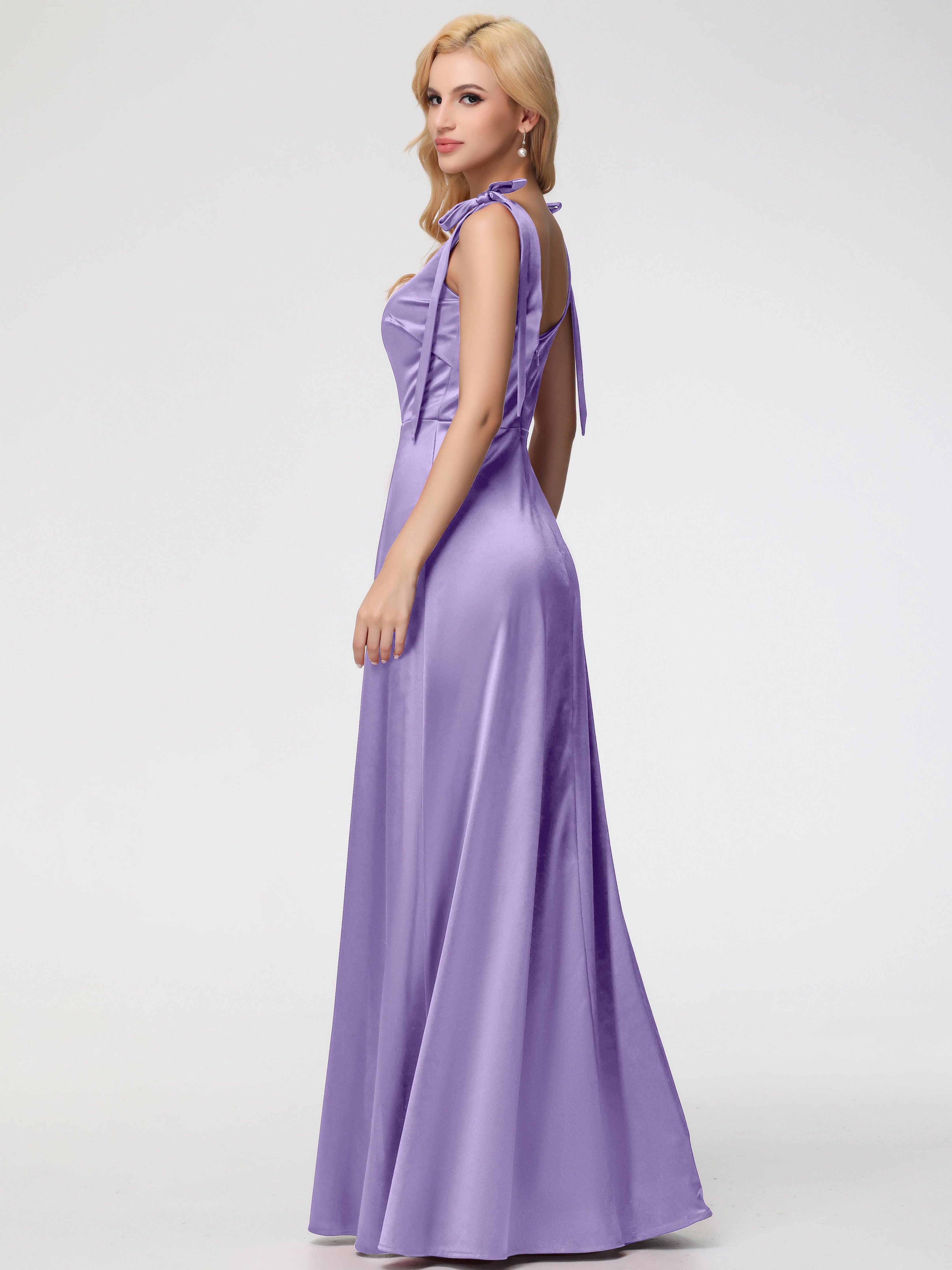 Robes De Demoiselle D'Honneur Tahiti Col Carré Trapèze Satin Extensible Fendue Robe De Demoiselle D'Honneur