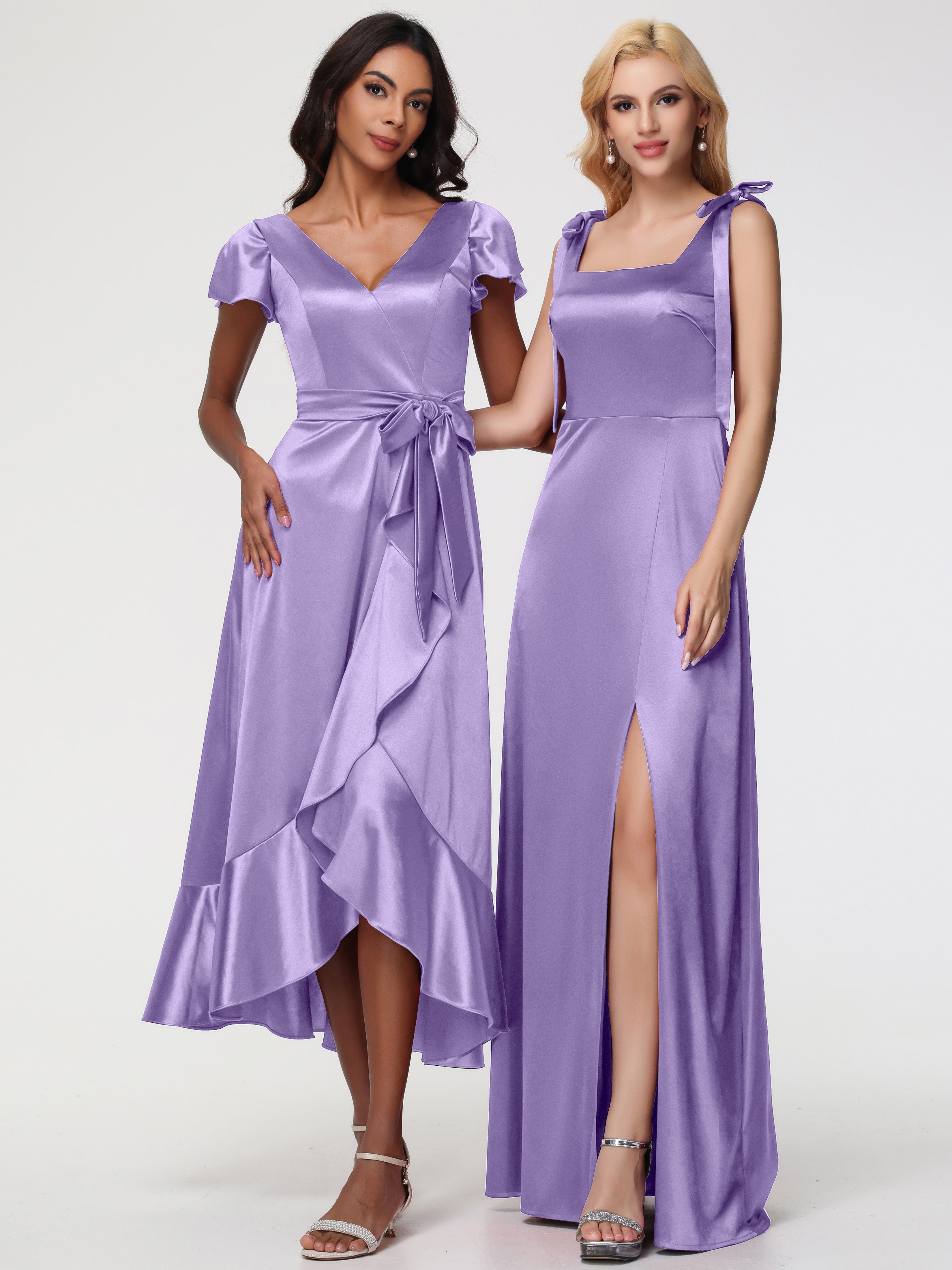 Robes De Demoiselle D'Honneur Tahiti Col Carré Trapèze Satin Extensible Fendue Robe De Demoiselle D'Honneur