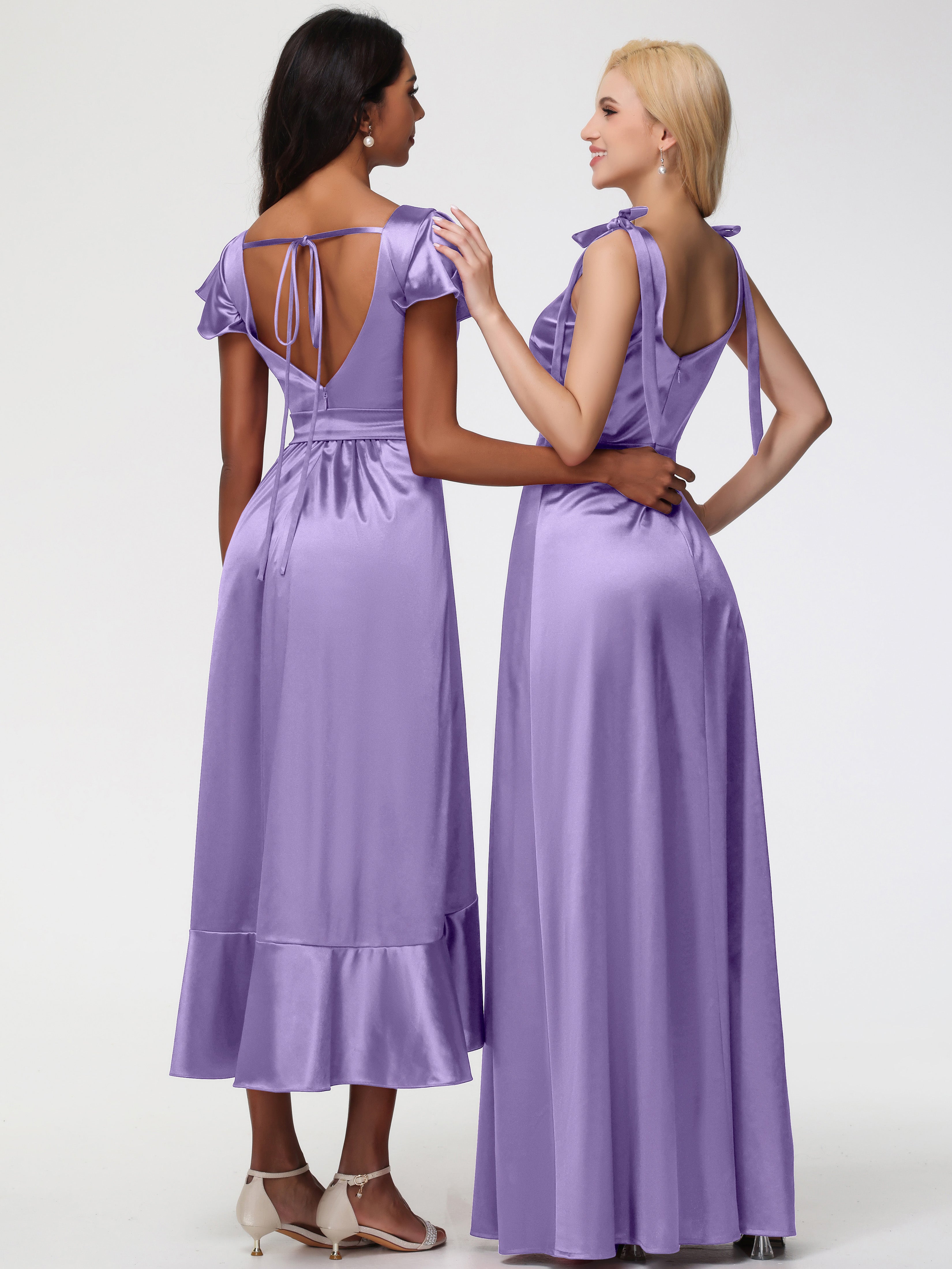 Robes De Demoiselle D'Honneur Tahiti Col Carré Trapèze Satin Extensible Fendue Robe De Demoiselle D'Honneur