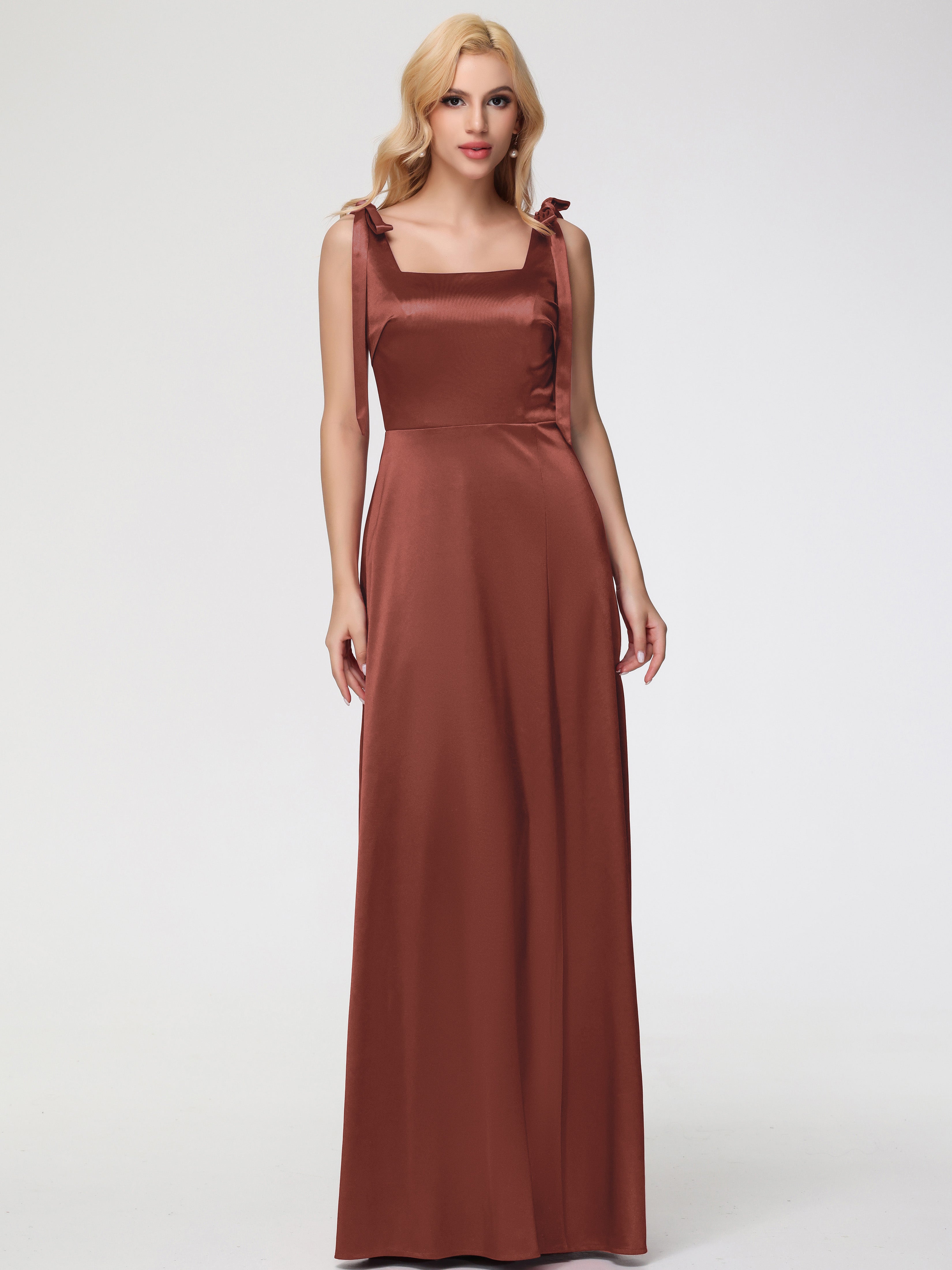 Robe Demoiselle D Honneur Terre Cuite Col Carré Trapèze Satin Extensible Fendue Robe De Demoiselle D'Honneur