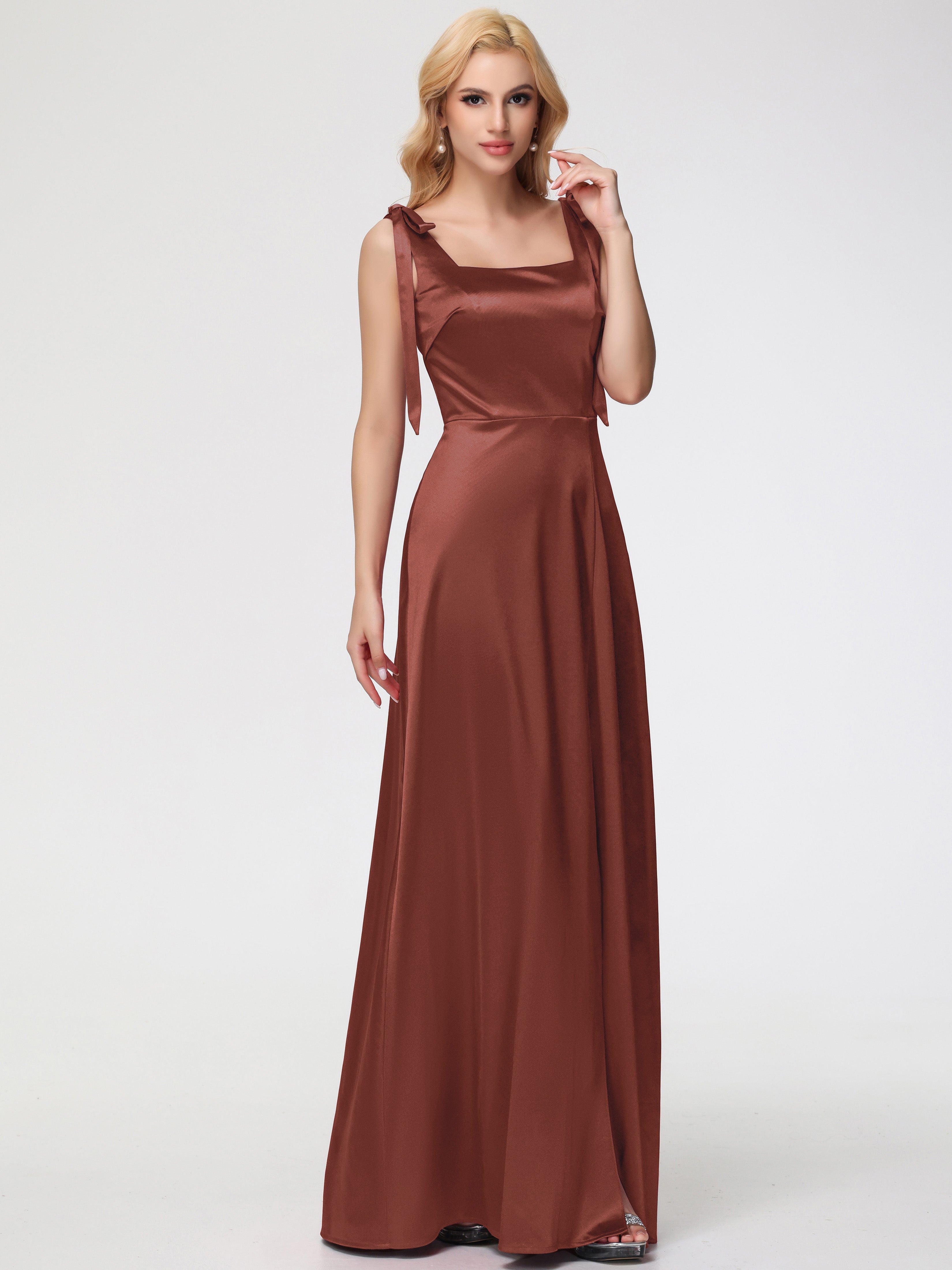 Robe Demoiselle D Honneur Terre Cuite Col Carré Trapèze Satin Extensible Fendue Robe De Demoiselle D'Honneur