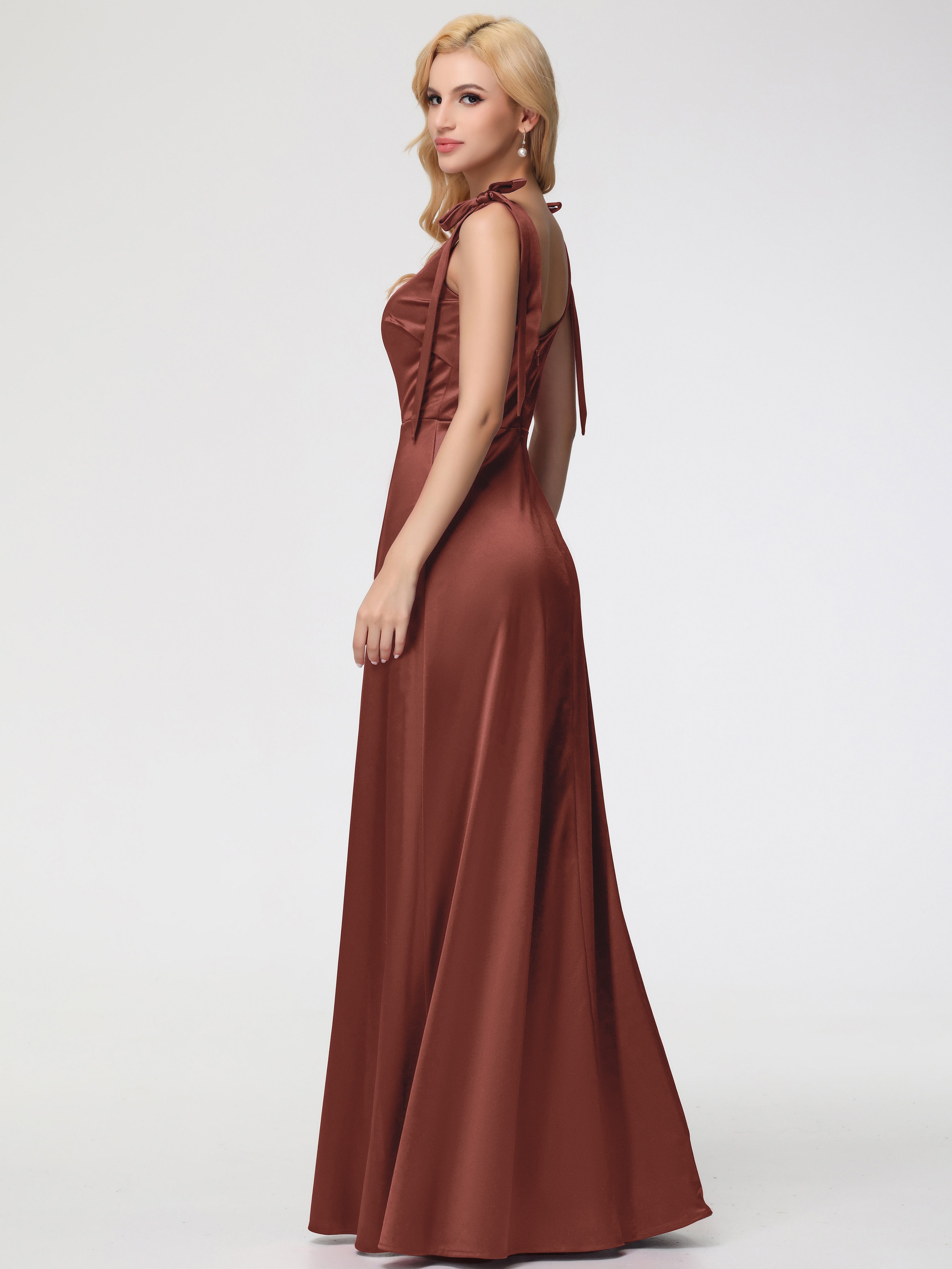 Robe Demoiselle D Honneur Terre Cuite Col Carré Trapèze Satin Extensible Fendue Robe De Demoiselle D'Honneur