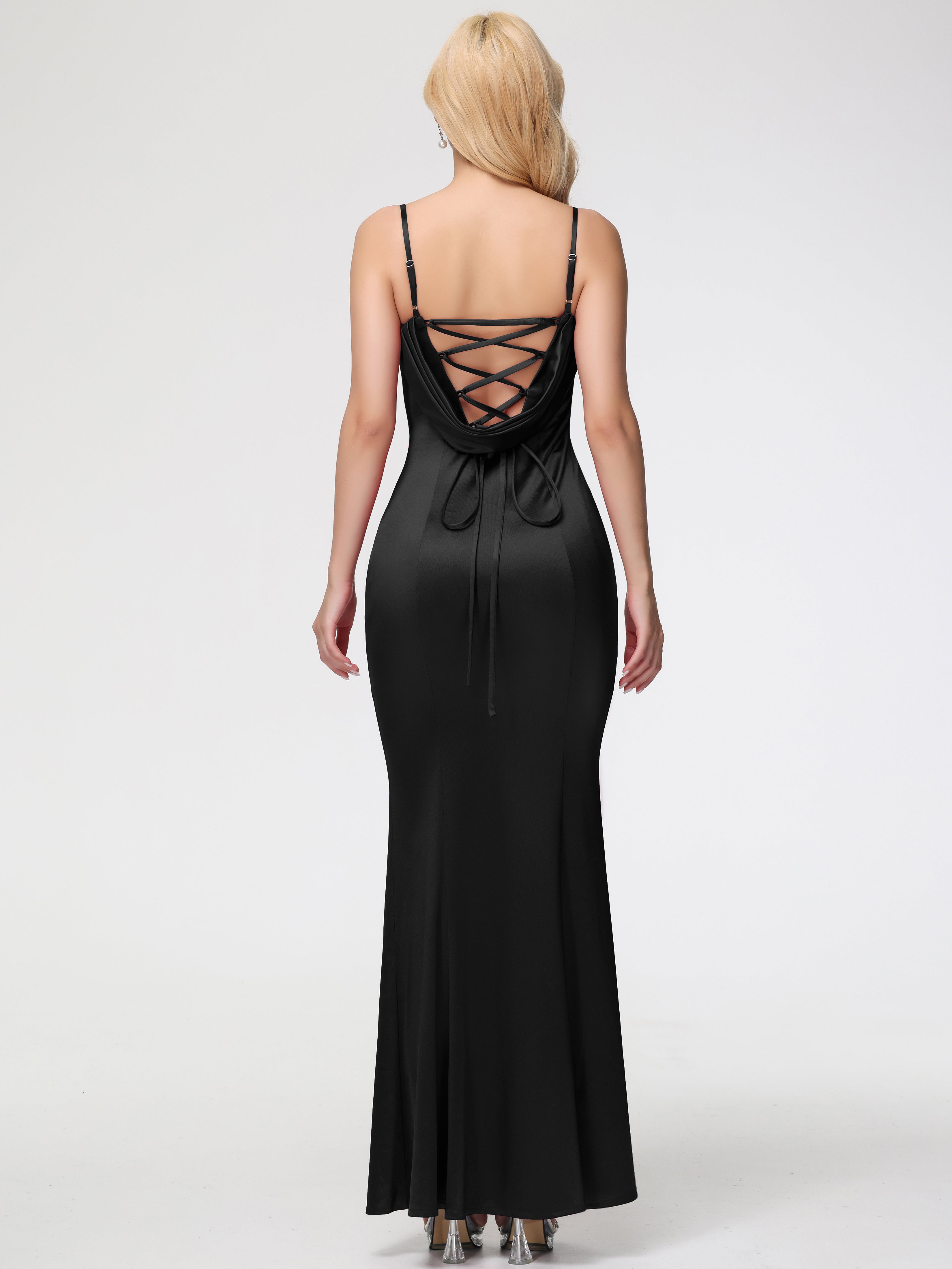 Robe Demoiselle D Honneur Noire Bretelles Spaghetti Sirène Satin Extensible Robe De Demoiselle D'Honneur