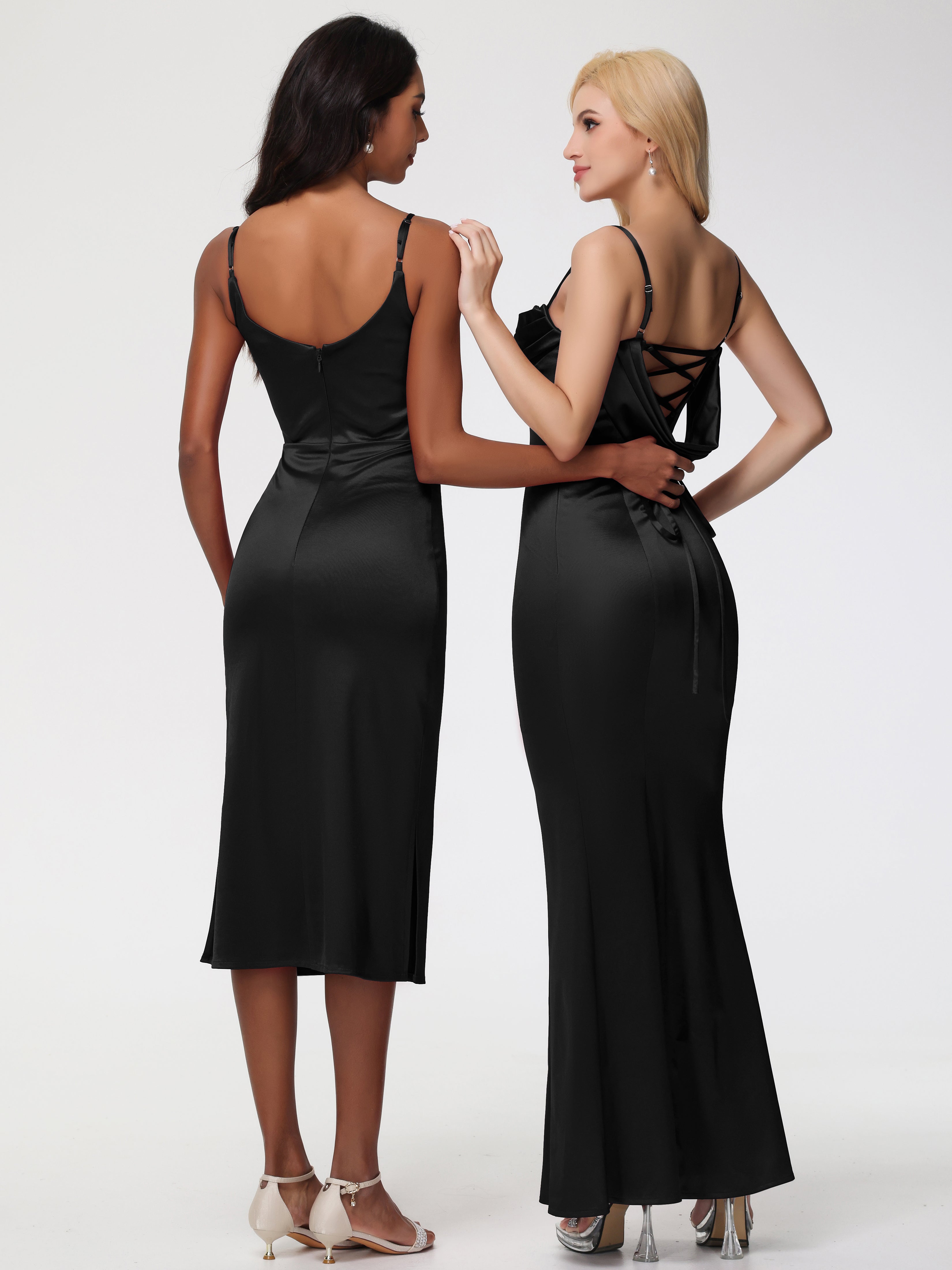 Robe Demoiselle D Honneur Noire Bretelles Spaghetti Sirène Satin Extensible Robe De Demoiselle D'Honneur