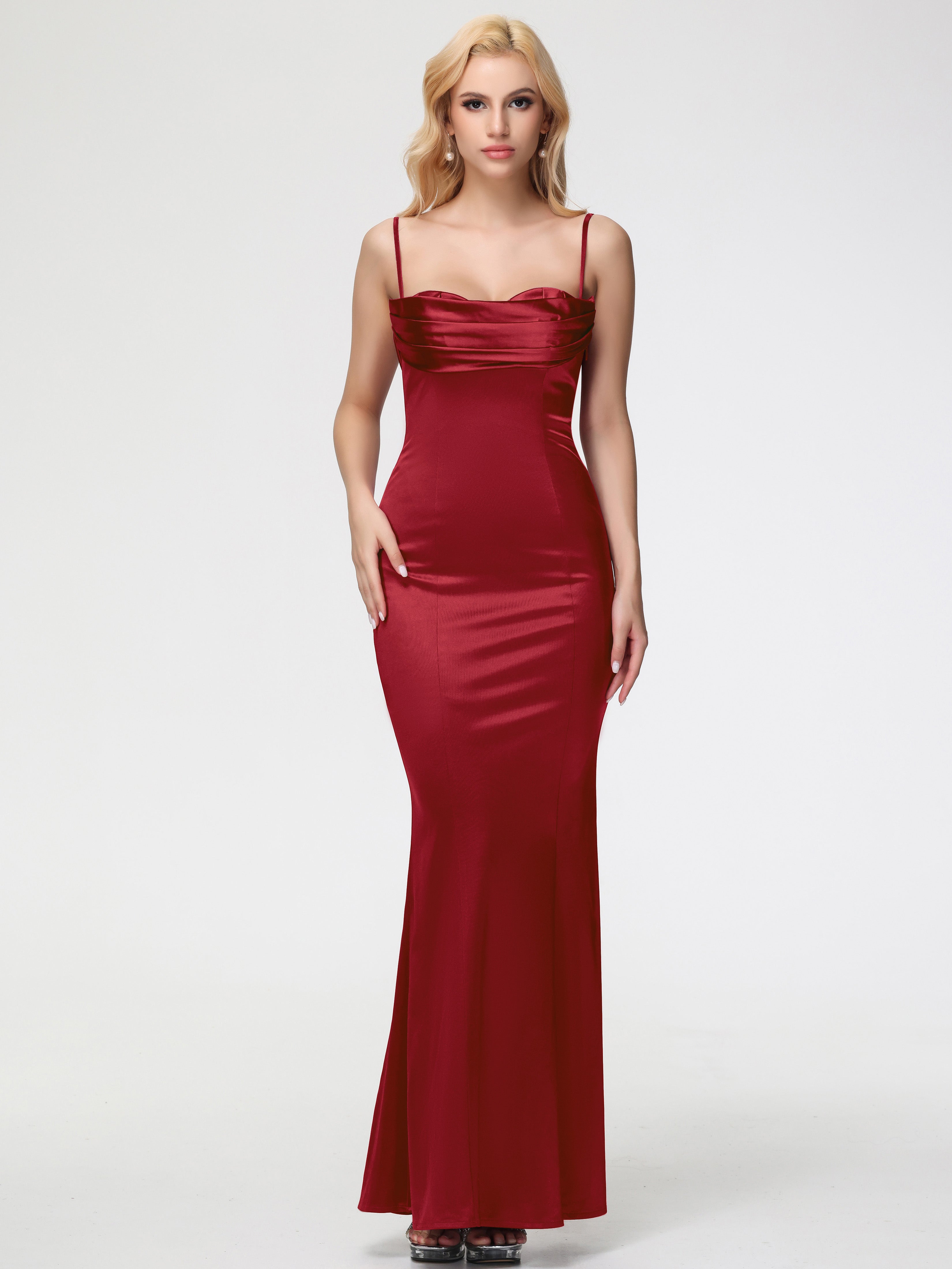 Robe Demoiselle D Honneur Bordeaux Bretelles Spaghetti Sirène Satin Extensible Robe De Demoiselle D'Honneur