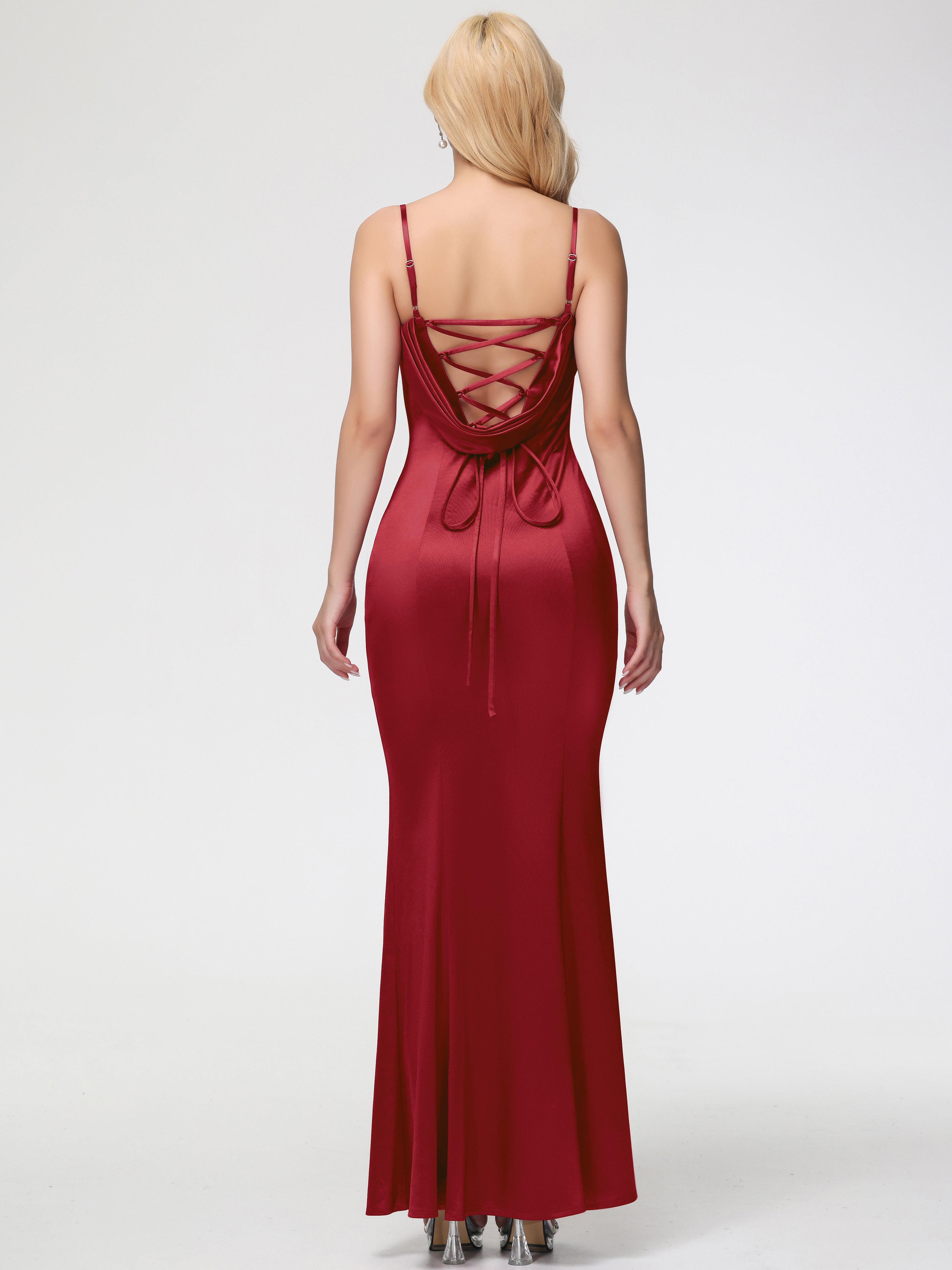 Robe Demoiselle D Honneur Bordeaux Bretelles Spaghetti Sirène Satin Extensible Robe De Demoiselle D'Honneur