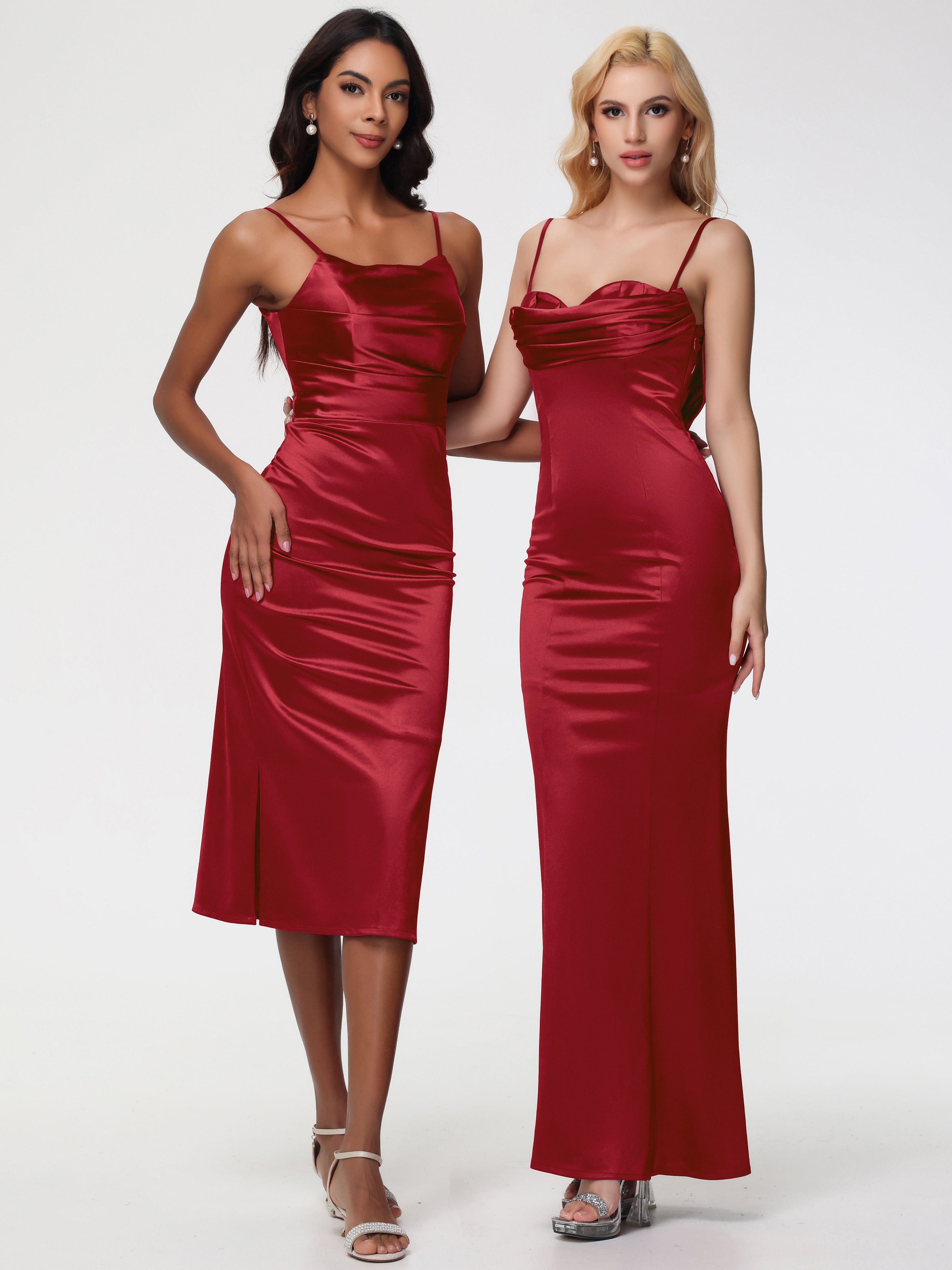 Robe Demoiselle D Honneur Bordeaux Bretelles Spaghetti Sirène Satin Extensible Robe De Demoiselle D'Honneur