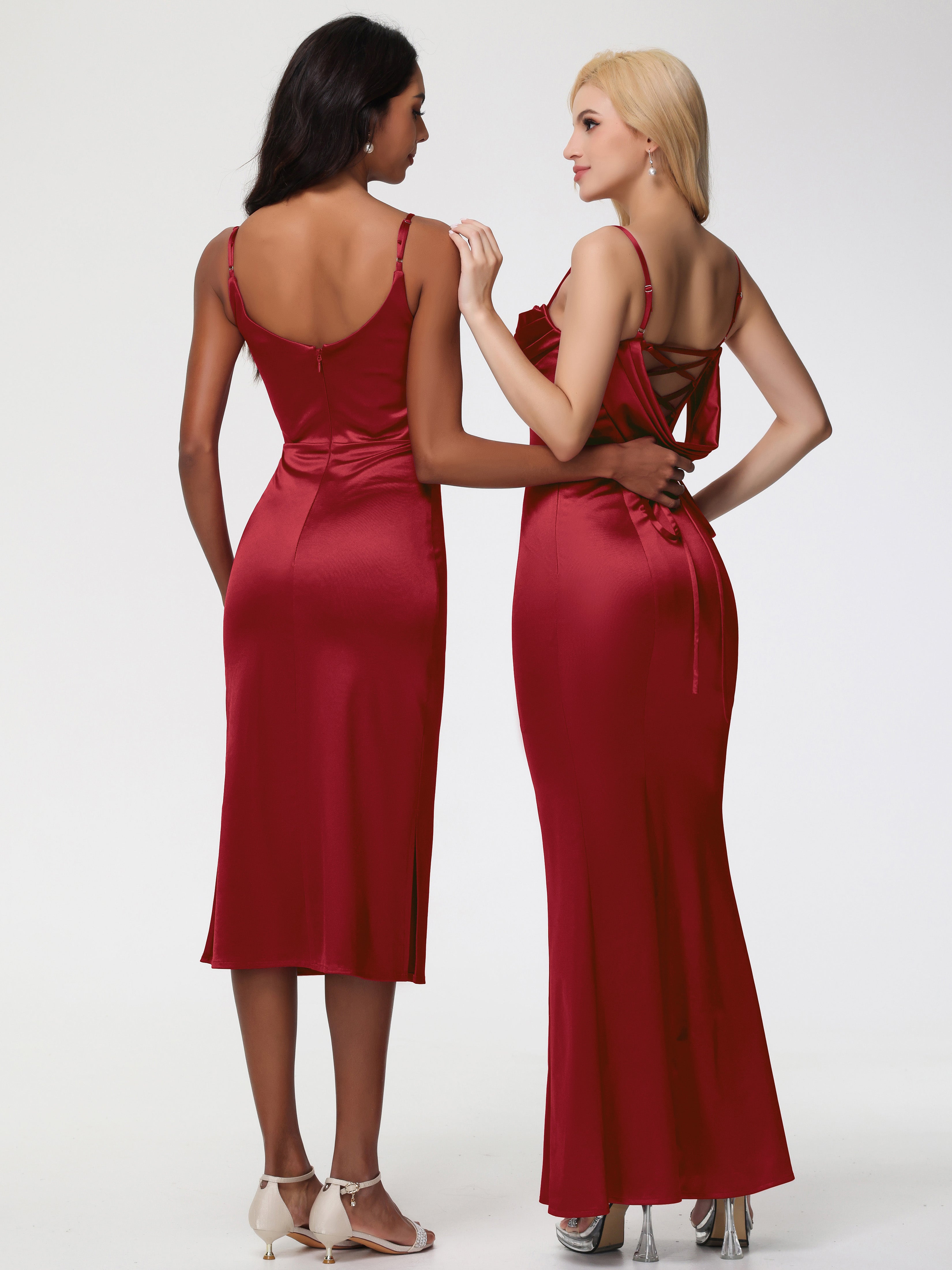 Robe Demoiselle D Honneur Bordeaux Bretelles Spaghetti Sirène Satin Extensible Robe De Demoiselle D'Honneur